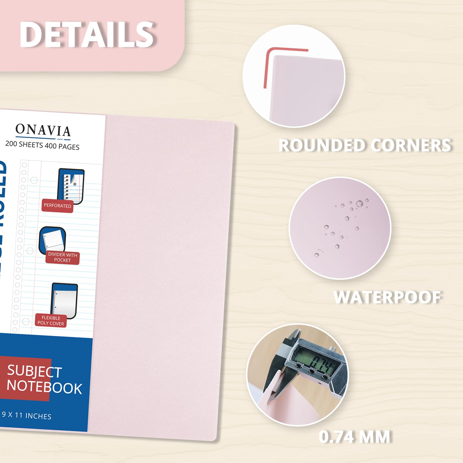 ONAVIA Quaderno a spirale per 5 soggetti, 1 confezione, a righe universitarie, 22,9 x 27,9 cm, 200 fogli, copertina in poliestere, perforato a 3 fori, con divisori e tasche, per studio in classe, rosa