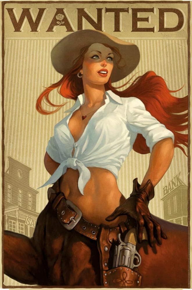 rayprint Western Cowgirl Pin Up Girl Wanted Metal Sign Tin Retro Poster Vintage Rustic Home Decor Bar Kitchen Wall Sign Art 12"x8"