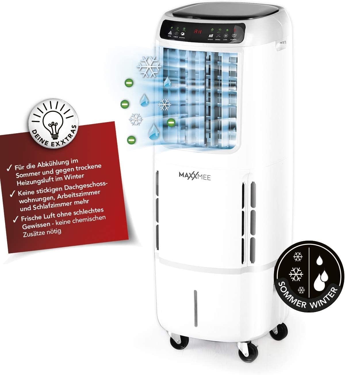 MAXXMEE 3in1 air cooler, cools, humidifies and ionises the room air