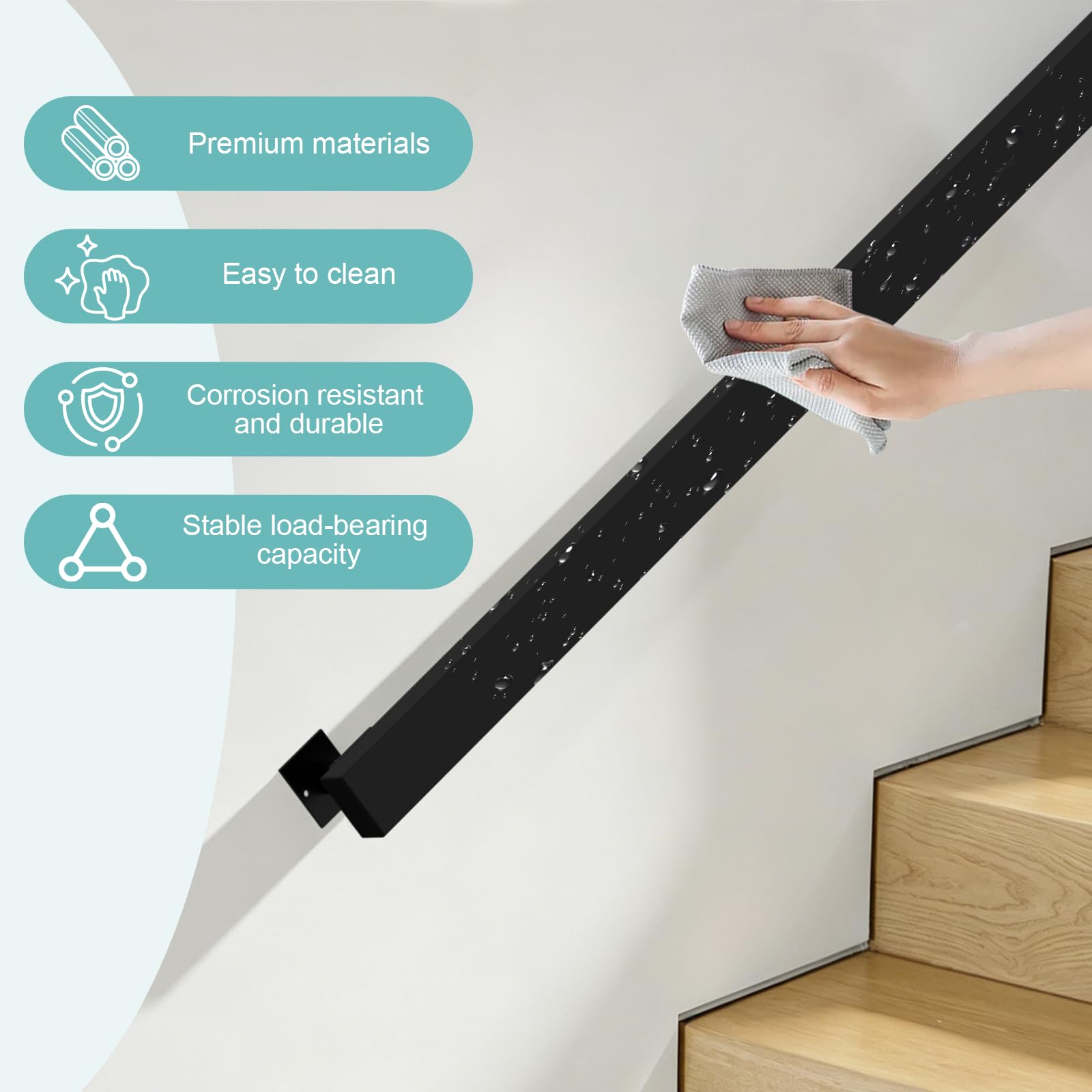 Corrimano per Scale Interne, 60-600CM, Ringhiera per Scale Interne con Design Industriale, Antiscivolo e Confortevole, Passamano per Scale Interne Nero per Anziani, Bambini, Disabili (240CM)