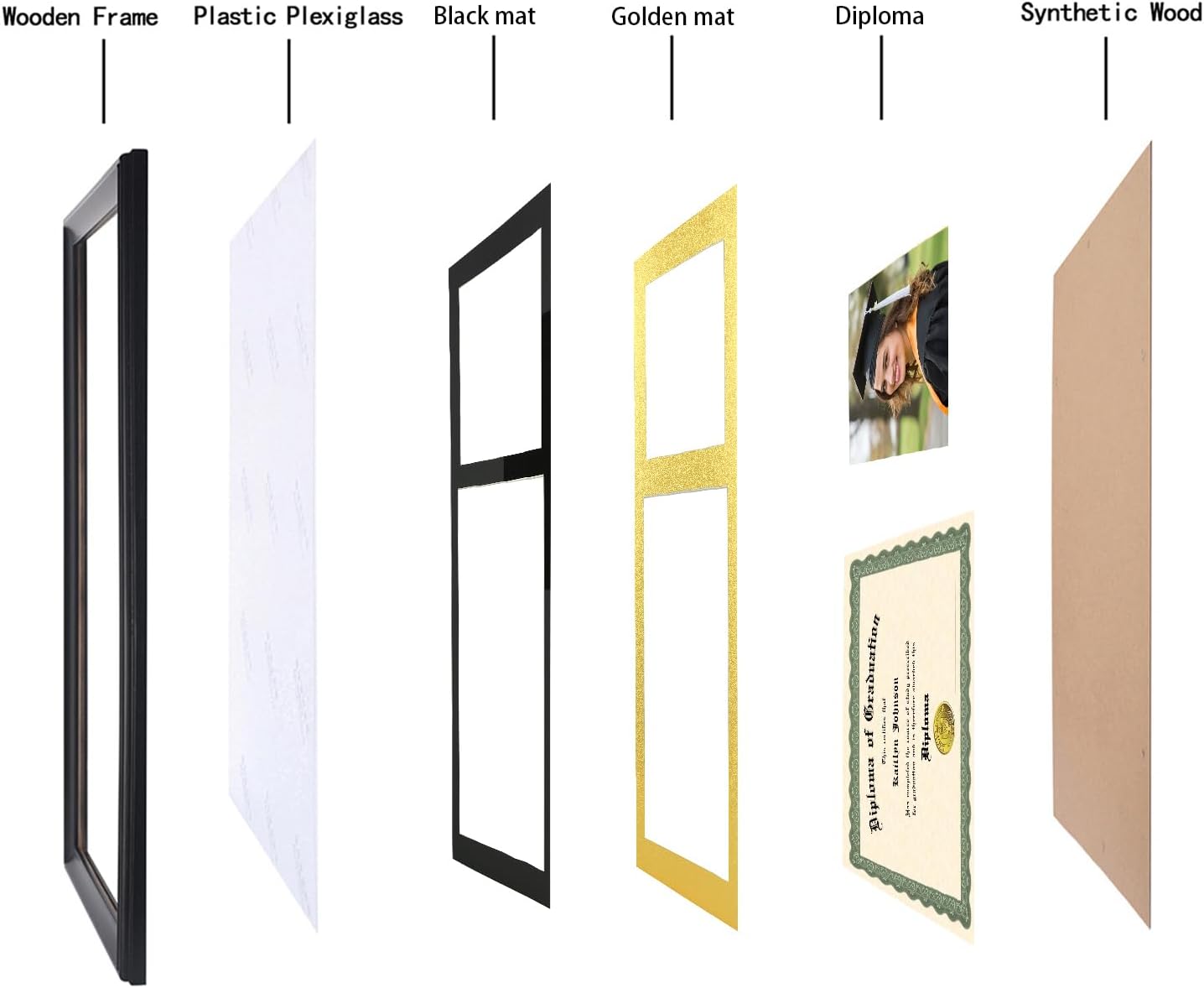 LTYHHK Diploma Frame with Picture Solid Wood,Displays 8.5x11 Document/Certificate & 6x8 Photo with White Over Gold Mat or 10x20 Inch Without Mat, Certificate Frame 8.5x11 Diploma Frames Black