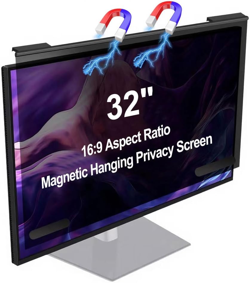Magnetic Hanging Computer Privacy Screen 32 Inch, Removable Privacy Shield for 16:9 Widescreen Frameless Monitor, Anti Spy Anti Scratch Anti Glare Blue Light Screen Guard