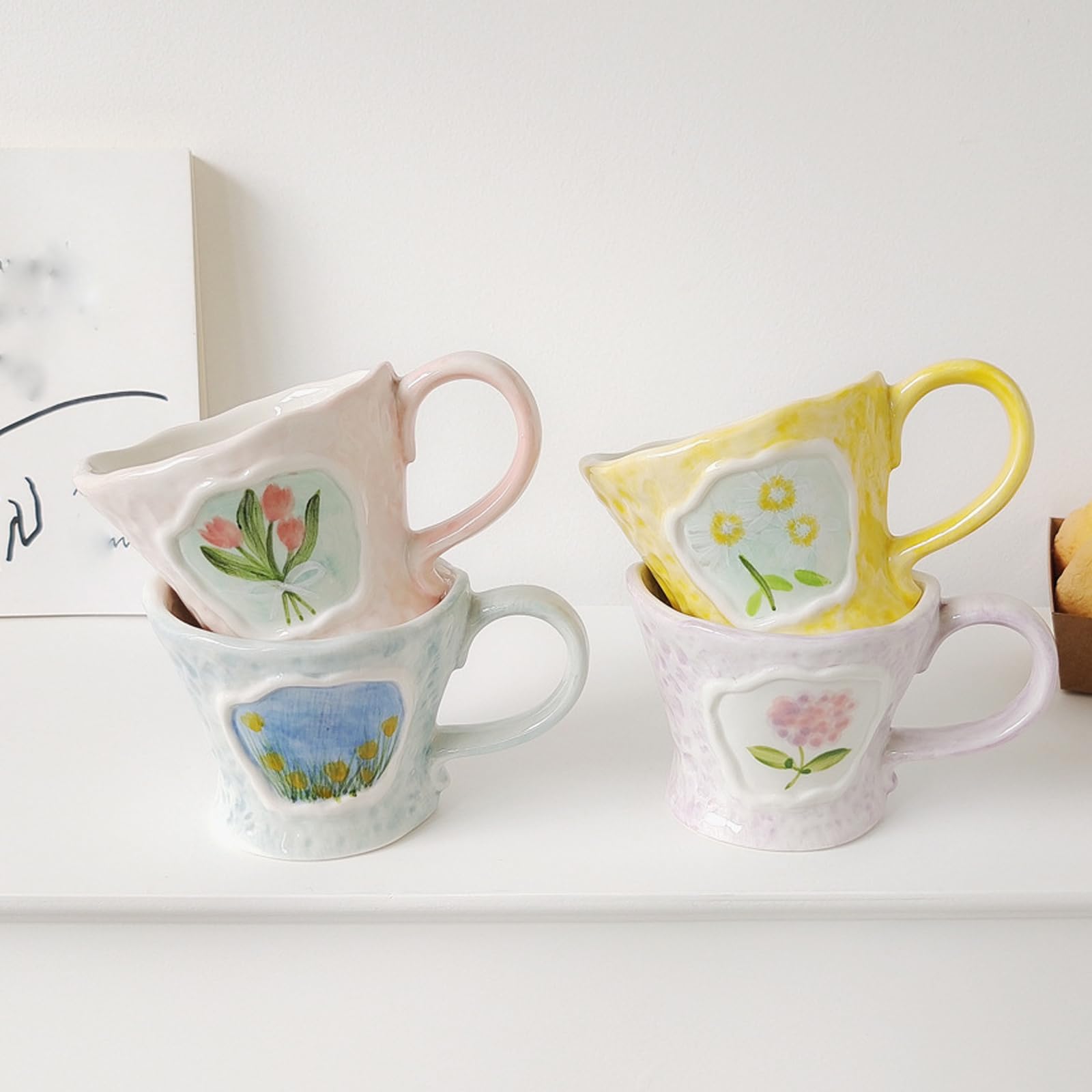 FfiMe Tazza da latte goffrata dipinta a mano, in ceramica, per caffè, tè, caffè, bicchieri, per donne, ragazze, amiche, matrimoni e feste, regali per signore (rosa, 4 pezzi)