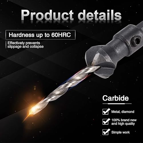 Miniatura 4 de KATUR Juego de 4 brocas avellanadoras de cambio rápido con vástago hexagonal de 0.098 in, vástago hexagonal de carpintería con una llave hexagonal