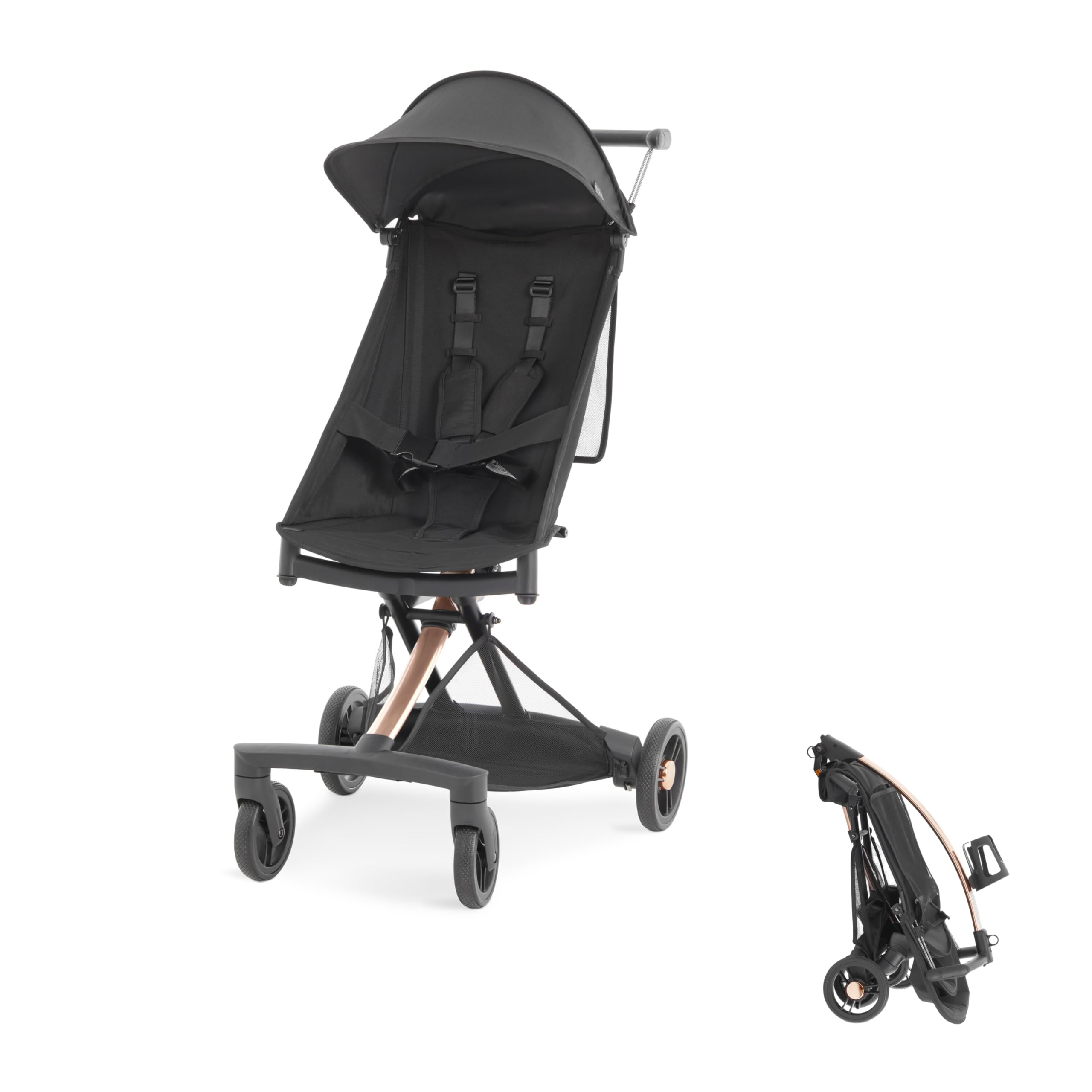 Cochecito de bebé ultraligero Evolur Roamer con sombrilla en dorado y negro, plegado rápido con una sola mano, arnés de seguridad de cinco puntos, capota ajustable y extraíble, marco de aluminio ligero.