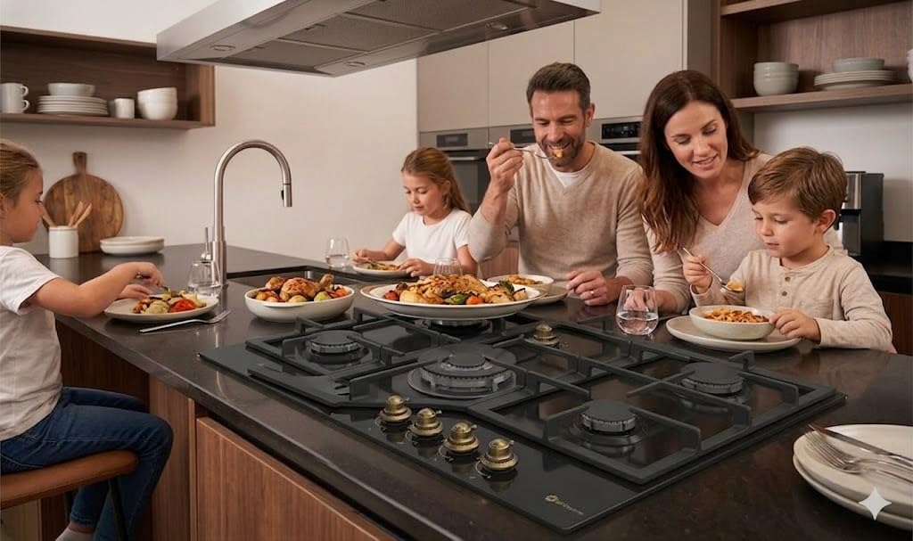 SOLTHERMIC BL032 PLACA GAS NEGRA RUSTICA CON MANDOS DORADOS/ANCHO 70 CM ENCASTRABLE EN HUECO DE 60 CM / 5 FUEGOS CON ENCENDIDO AUTOMATICO/PARRILLA HIERRO FUNDIDO