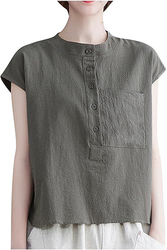 Miniatura 1 de Camisas con botones para mujer, cuello redondo, casual, manga casquillo, holgada, de algodón, blusas Henley con bolsillo