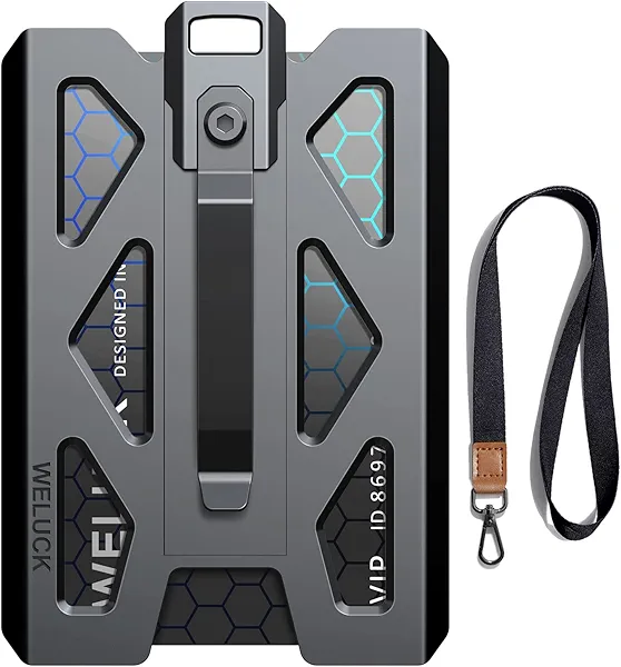 Badge Holder, Durable Aluminum ID Card Holder Wallet by WELUCK, 4 Cards/ID Badges Holder with Lanyard and Metal Clip, for Business Office Work Police Gift Outdoor (Black01)