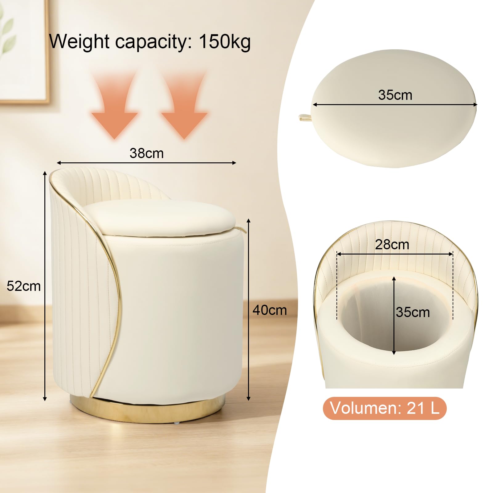 Schminkhocker, Schminkstuhl 360° Drehbar, Sitzhocker Rund mit rutschfeste Fußpads, Gepolstert Hocker Schminktisch Samt für Schminktisch, Schlafzimmer, Wohnzimmer (B-Cremeweiß)