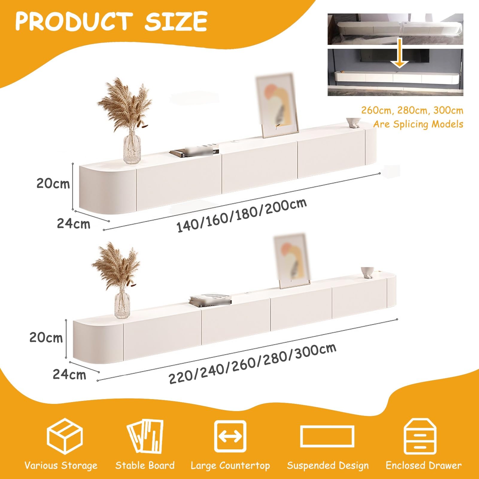 Mobile TV Moderno Sospeso Con Portaoggetti - Console Multimediale Montata A Parete Per Soggiorno E Camera Da Letto - Mobile TV Elegante Con Ripiani Aperti E Scomparti Nascosti(bianca,260cm)