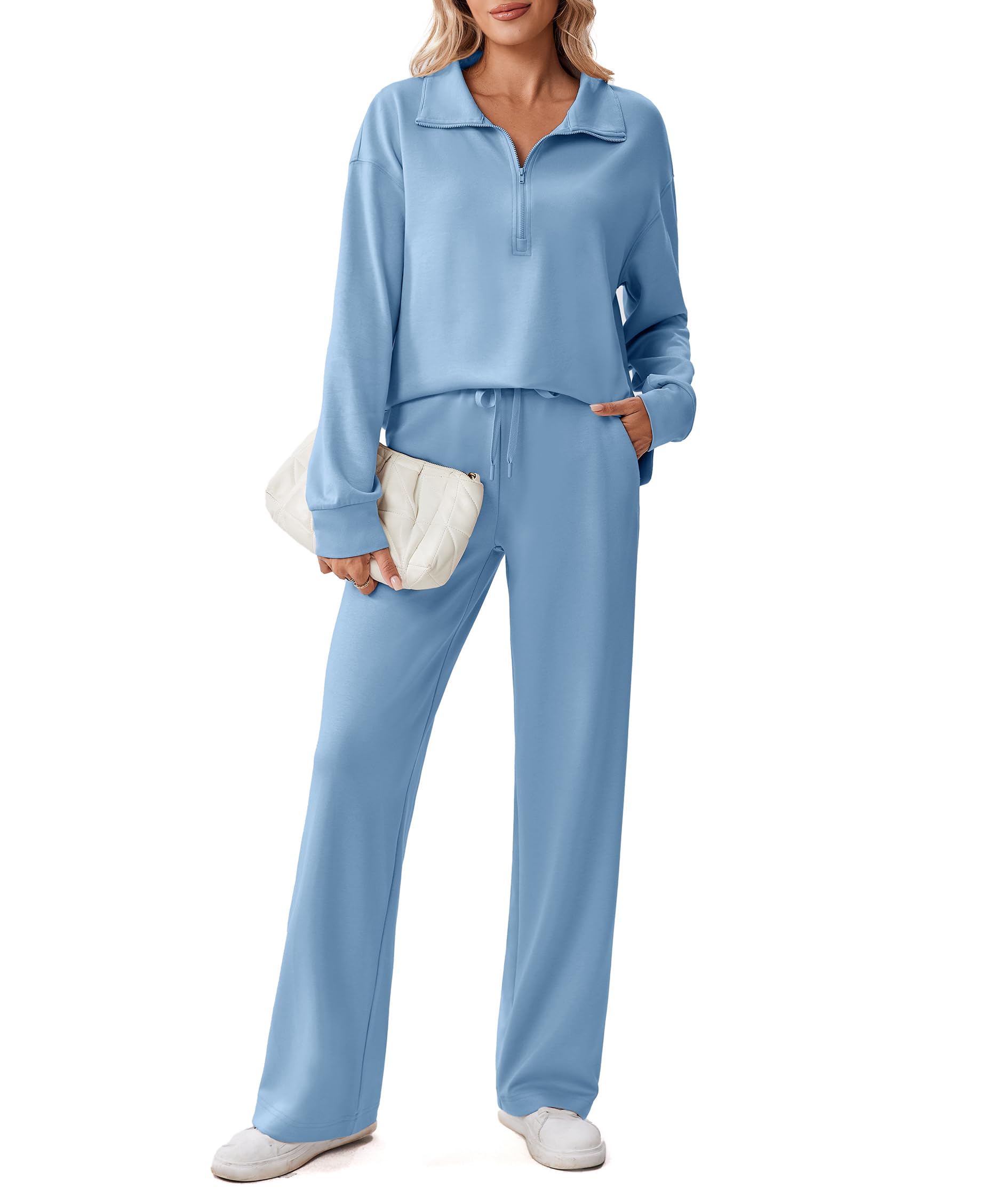 PINSPARK 2 Piece Sets for Women 1/2 Zip Sweatsuit Loose Fit Sweatshirt Straight Leg Pants 2025 Matching Outfit Fall Tracksuit