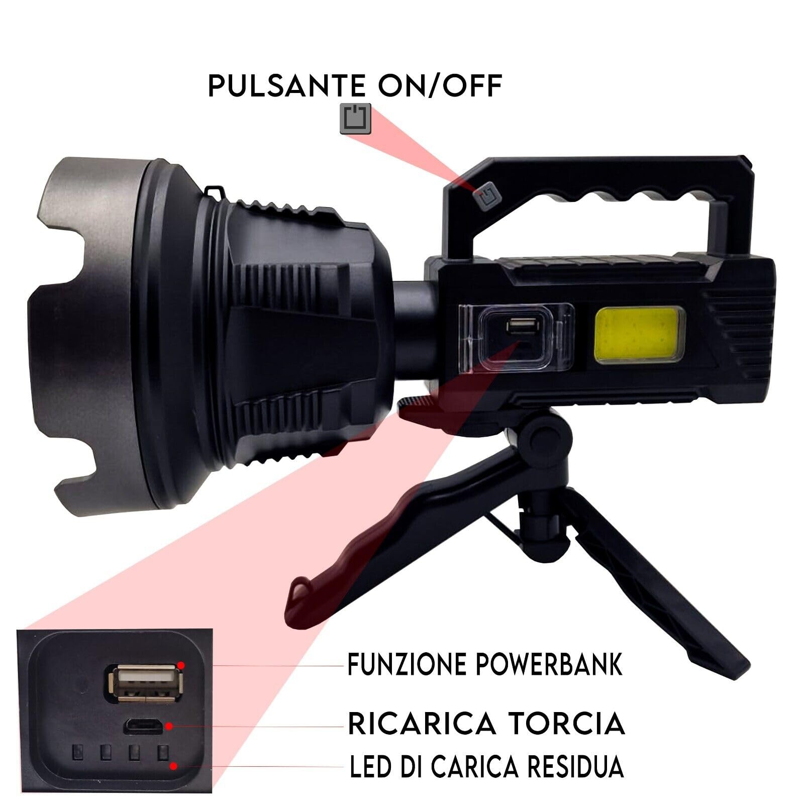 MAKA Torcia LED Professionale Ricaricabile Solare Treppiedi con Potenza Super Luminosa per Illuminare fino a 500 Metri Impermeabile Lunga Autonomia Powerbank Campeggio Escursioni ed Emergenze (3 Foot)