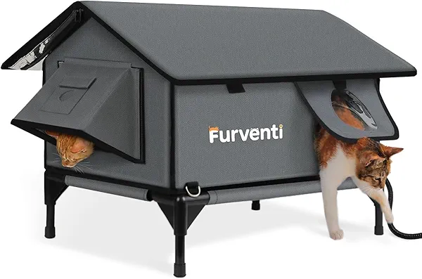Heated Cat House for Outside,Extremely Weatherproof&Insulated in Winter,Elevated Outdoor Cat Shelter with Waterproof Eaves&Escape Door for Feral Stray Barn Cats(Dark Grey,L)