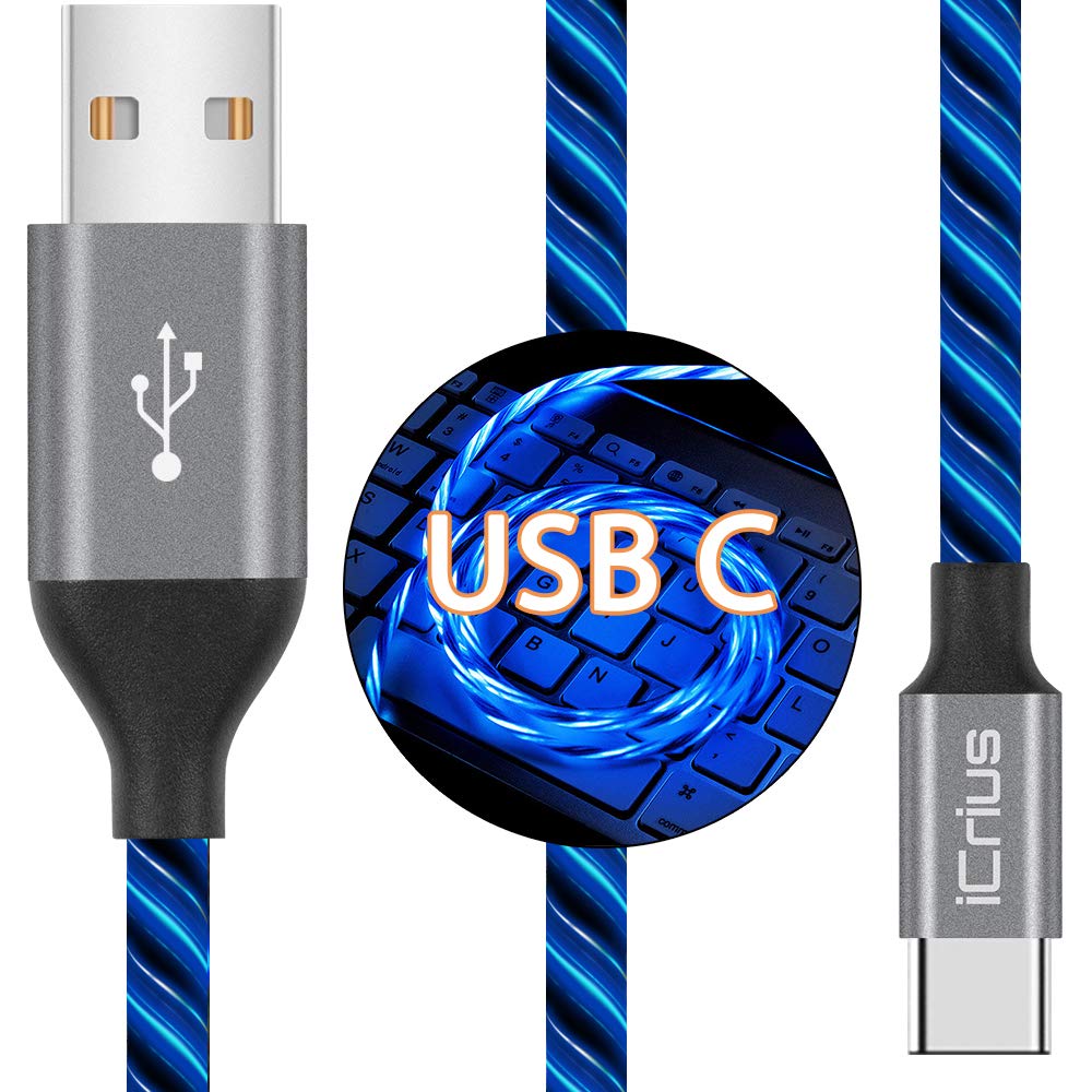 iCriusUSB Type C Cable, 3A 6ft LED Light Up Visible Fast Charger Charging Cords USB C Cable Compatible with Samsung Galaxy S10 S10E S9 S8 Plus Note 10 9 8,Moto Z,LG G8 and More