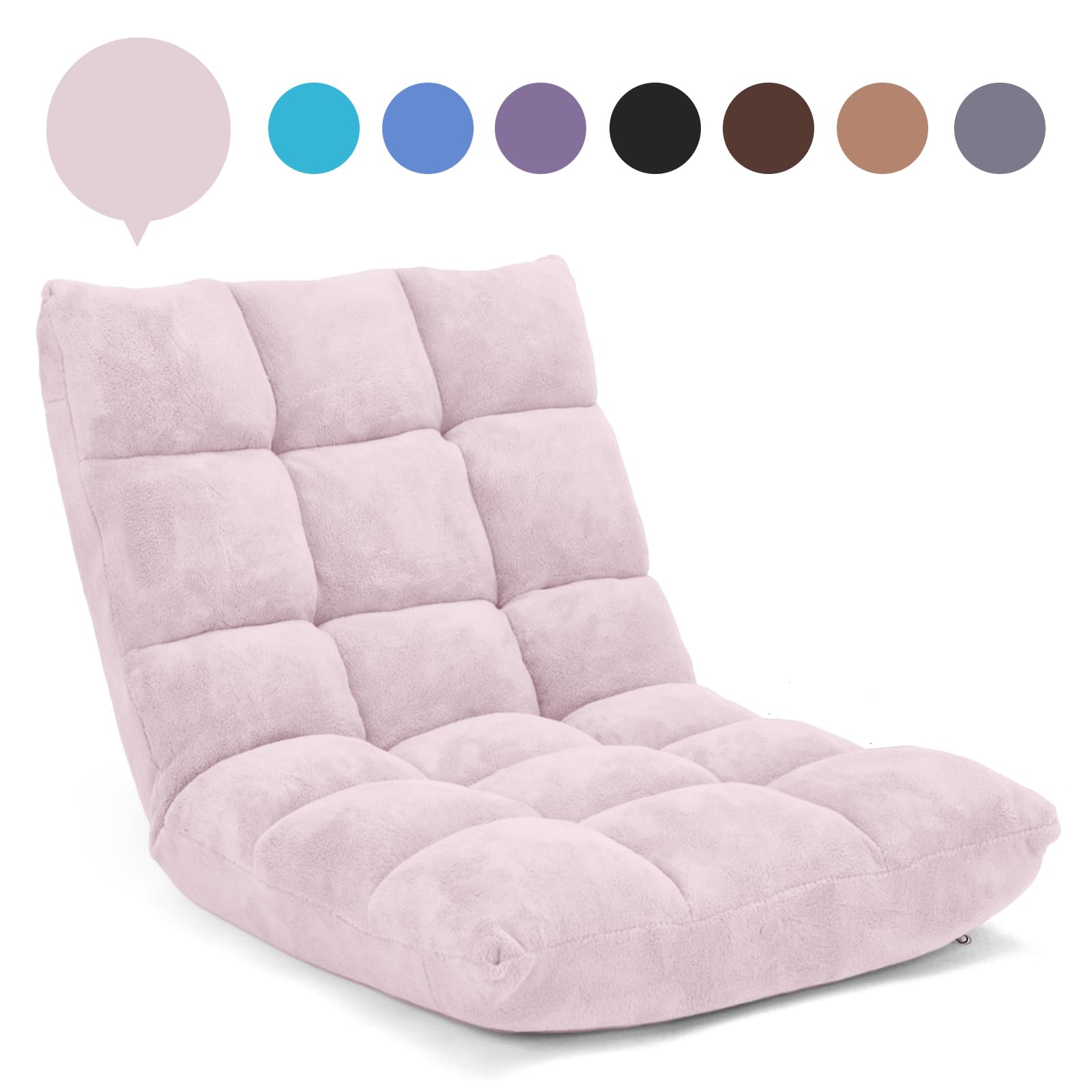 COSTWAY Sofá Suelo, Silla de Suelo Individual, Respaldo Ajustable en 14 Posiciones, Sofá Perezoso con Esponja Gruesa y Tela de Terciopelo, Silla Plegable de Meditación y de Lectura (Rosado Claro)