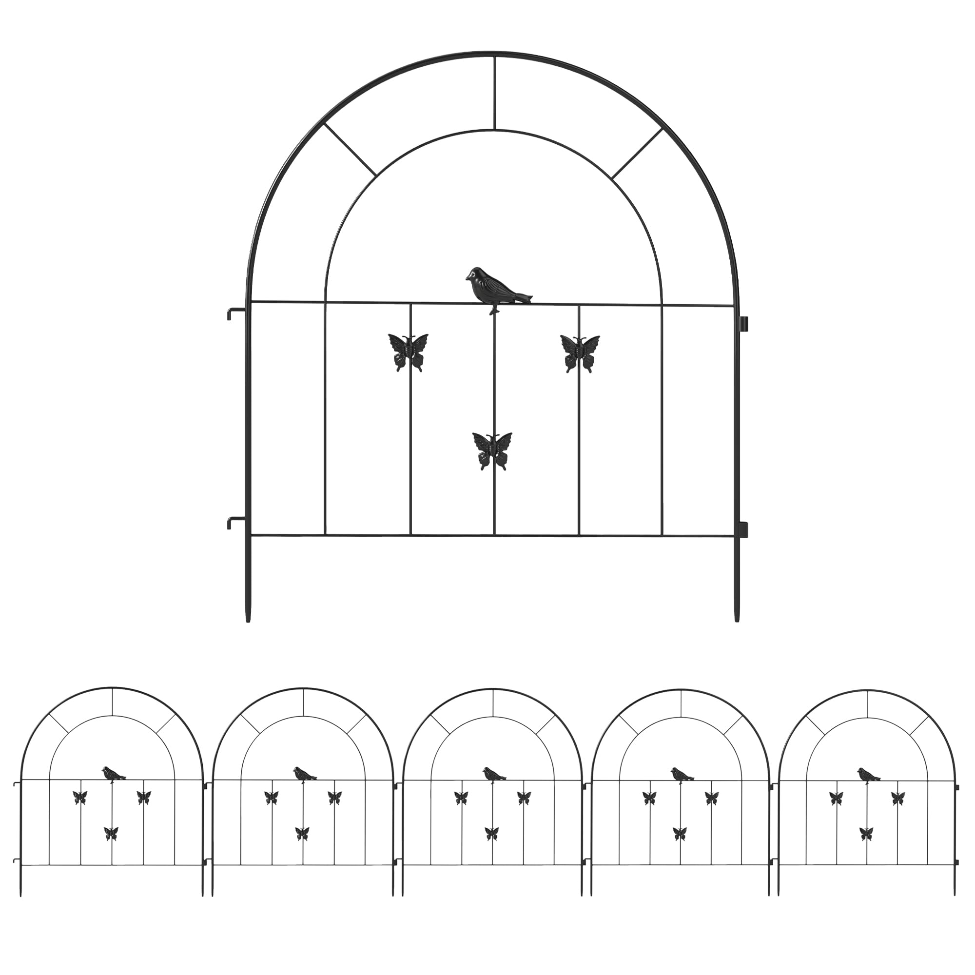 Outsunny Vallas para Jardín Metalicas 300x70 cm Set de 5 Vallas Decorativas para Jardín de Acero Combinación Libre Barrera para Animales para Terraza Patio Césped Negro