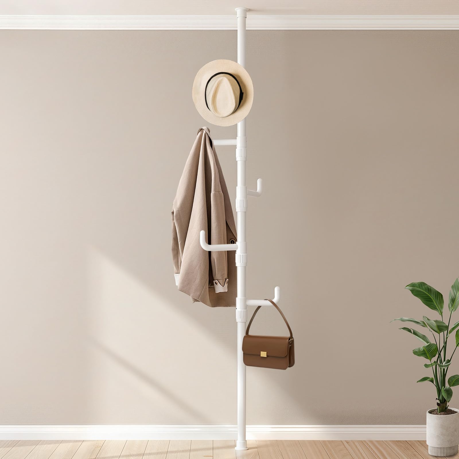 Porte-manteau extensible télescopique avec 5 crochets, blanc