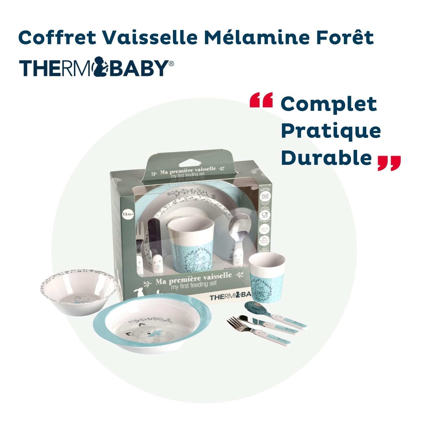 THERMOBABY Coffret Vaisselle Mélamine et Couverts Inox Enfant, Vert Céladon - Gris