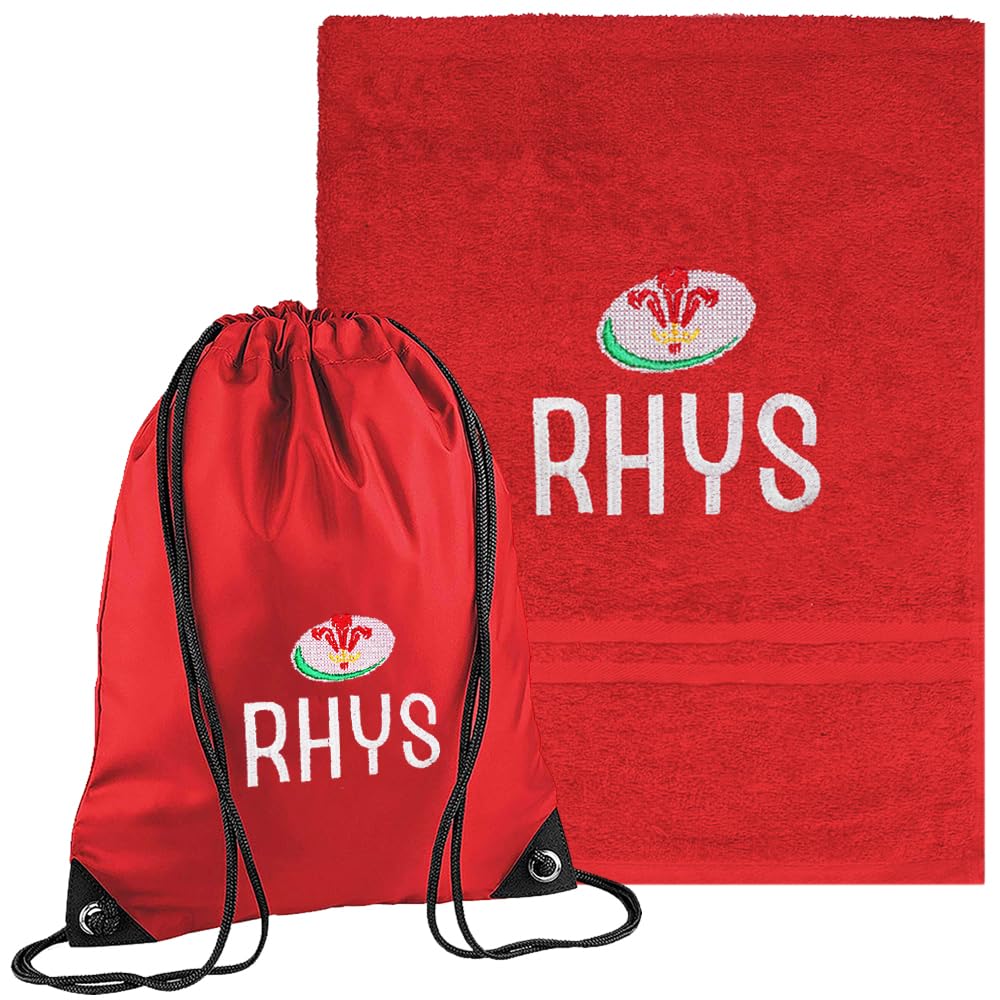 TeddyT's Personalised Boy's and Girl's Rugby Swimming Bath Towel & Drawstring Bag Set (Wales)