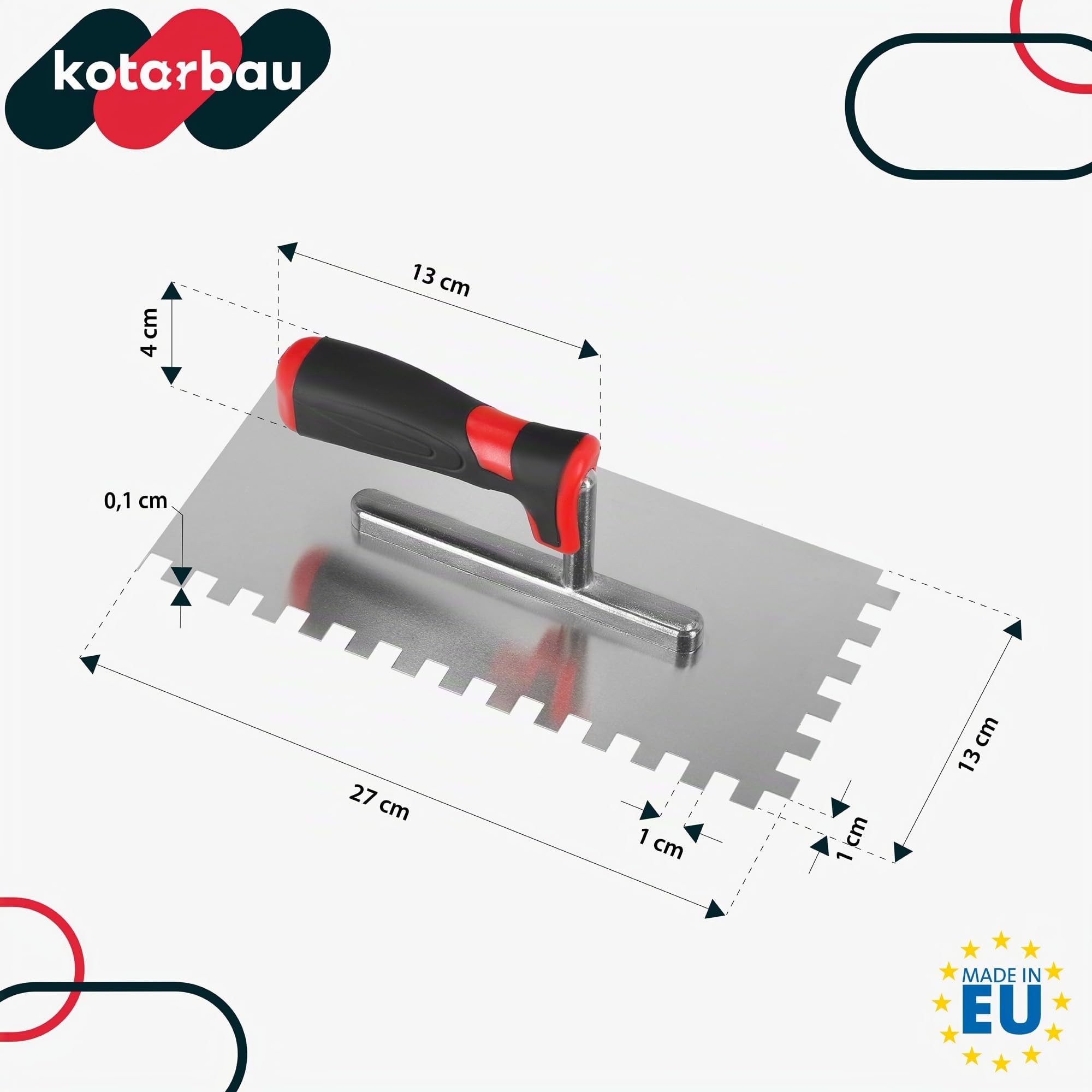 Kotarbau® Truelle de lissage en Acier Inoxydable 270 x 128 mm avec Denture 10 x 10 mm pour Pose de carrelage, Disque de lissage, avec poignée Souple
