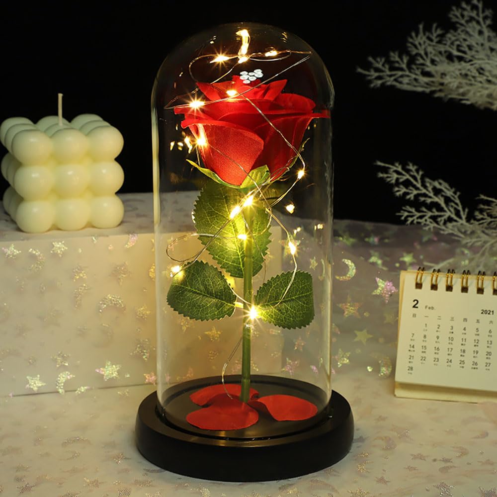 Amazon｜Lllunimon LEDライト付きガラスドームの魅惑の花赤いシルク