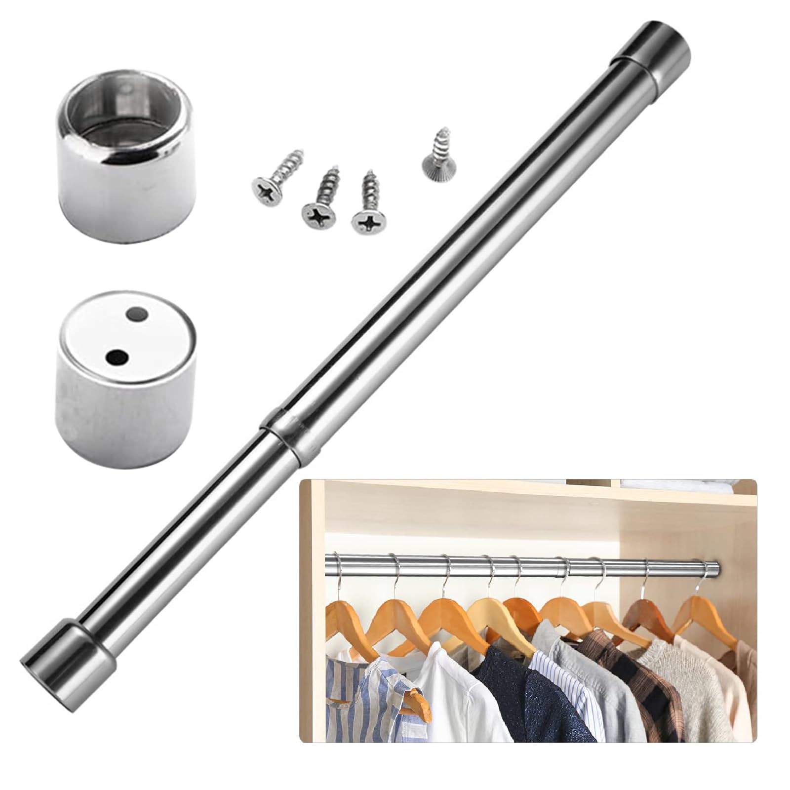 Extendable Clothes Rail,31-51cm Stainless Steel Wardrobe Rail Extendable Adjustable Clothes Rail Pole with End Sockets and Screws Adjustable Wardrobe Rail for Wardrobe, Shower, Balcony, Windows
