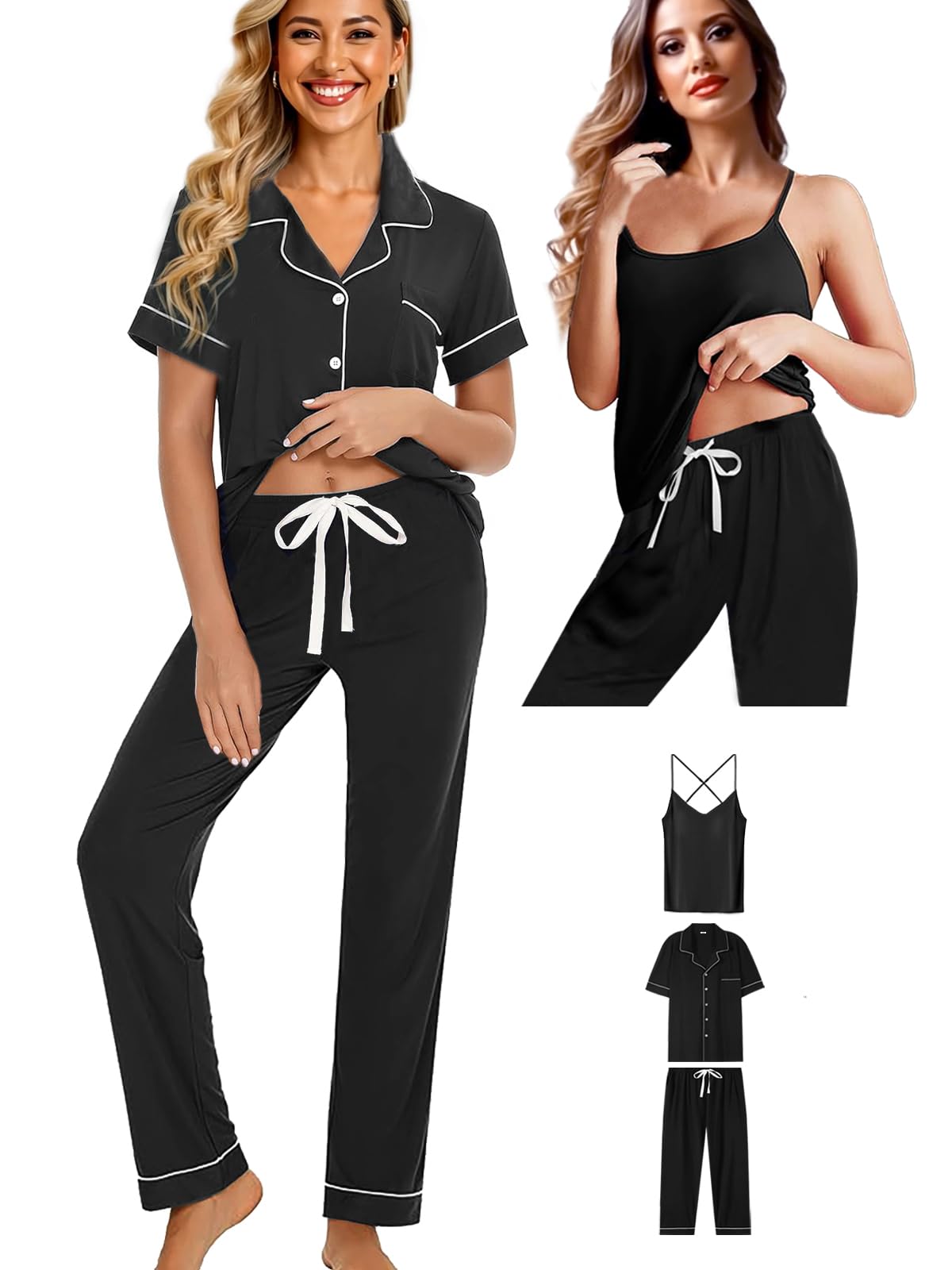 Womens 3Pcs Soft Pajama Sets Sexy Camisole Lingerie XS-4XL Knit Pajamas Set Sleepwear Pjs Nightwear Lounge Sets