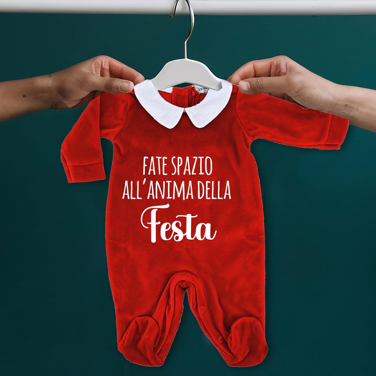''Fate spazio all'anima della festa'' Tutina Natalizia in Ciniglia Rossa per Neonato con Colletto Bianco e Scritta e nome personalizzato Pagliaccetto Festivo per Prima Infanzia idea regalo nascita