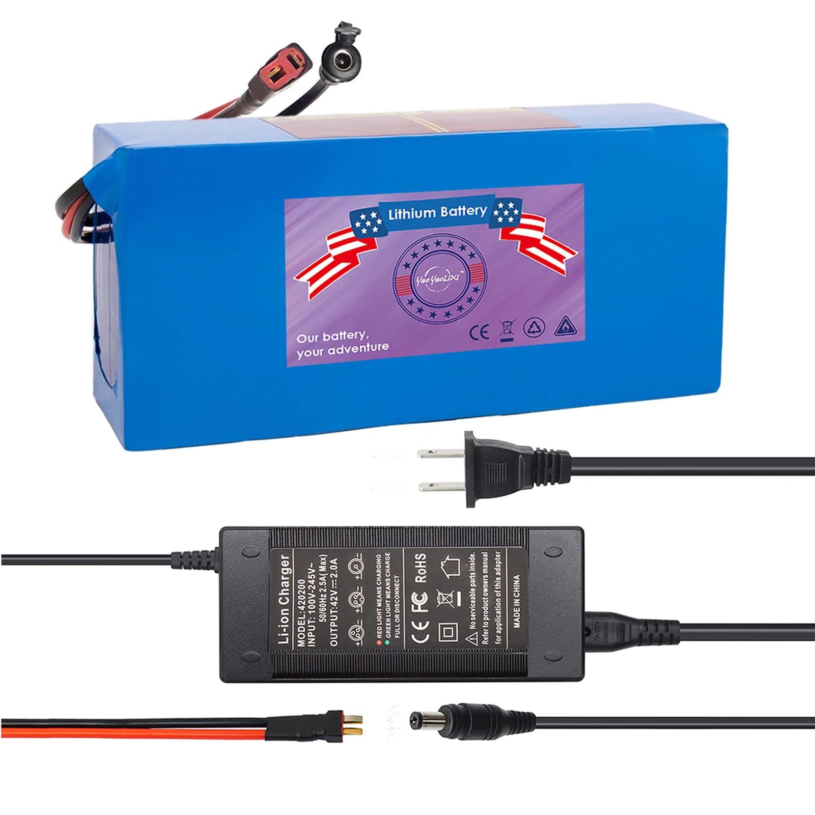 48V 14Ah Lithium Battery with 2A Charger for E-Bike/Scooter - T-Plug, 30A BMS, Compatible 200-1200W Motor (48V14Ah & Charger Included)