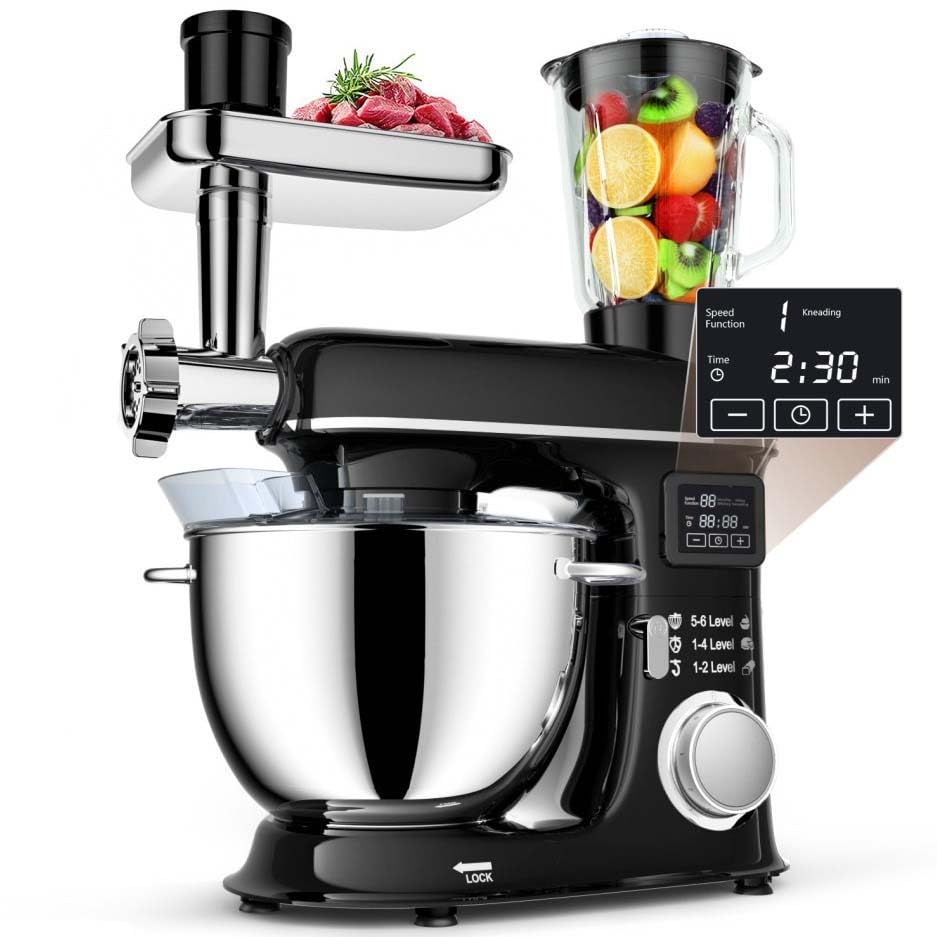 Batidora de pie, exprimidor, licuadora, procesador de alimentos de acero inoxidable de 8 litros con pantalla inteligente y tarro de vidrio de 1,5 L para batidos y procesamiento de verduras