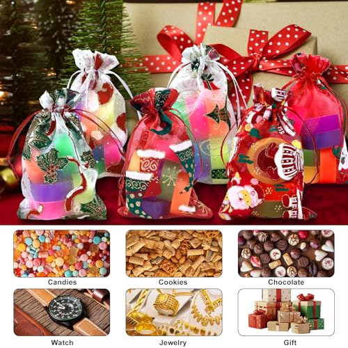 Image of 50PCS Christmas Organza Bags, 4x6 inches Small Christmas Gift Bags with Drawstring, Mesh Bags for Gift
