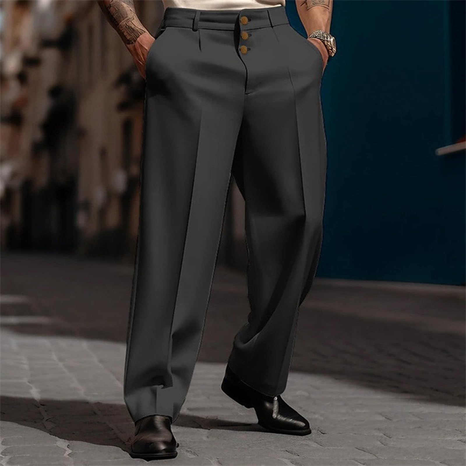 Pantaloni da Uomo Eleganti Pantaloni da Abito Larghi Casual Elasticizzati Casual, con Coulisse, Vita Dritta Casual A Gamba Dritta Pantaloni Giapponesi con Polsini Antalone Leggero Uomo Lavoro