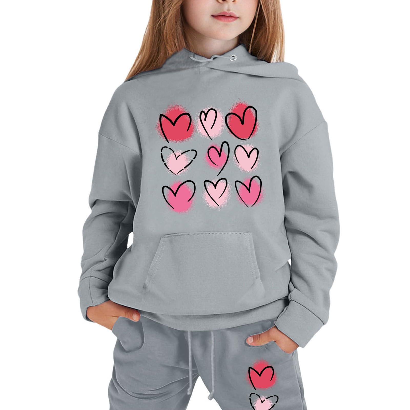 Conjunto de entrenamiento para niñas, 2 piezas, otoño 2025, con capucha, manga larga, gráfico, cómodo, estampado de corazón, pantalones de chándal para salir, correr, viajar, acogedor