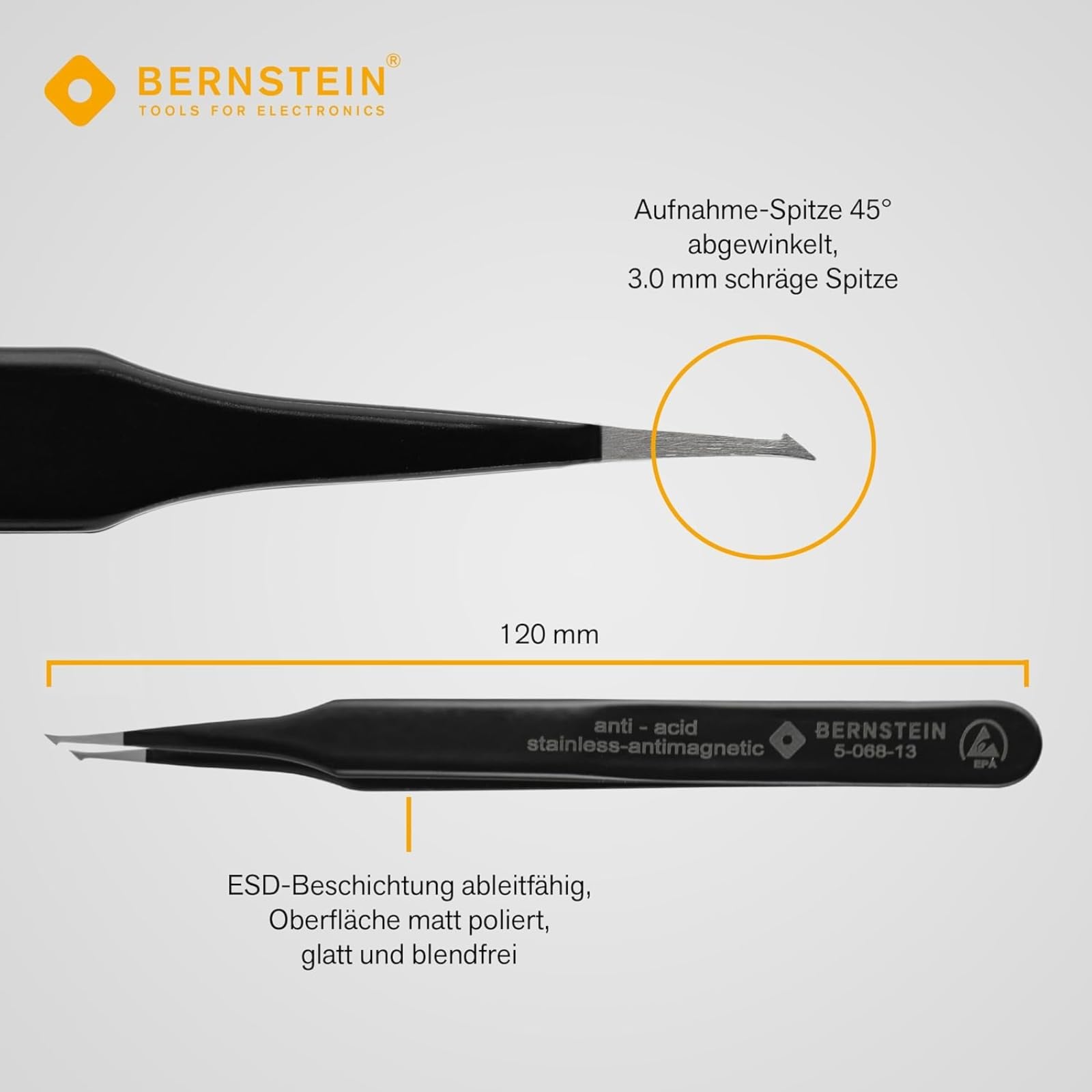 BERNSTEIN ESD Pinzetten Set 6 tlg. | Präzisionspinzette spitz gebogen, entgitterwerkzeug plotter, löt zubehör, bastelpinzette, pinzette modellbau