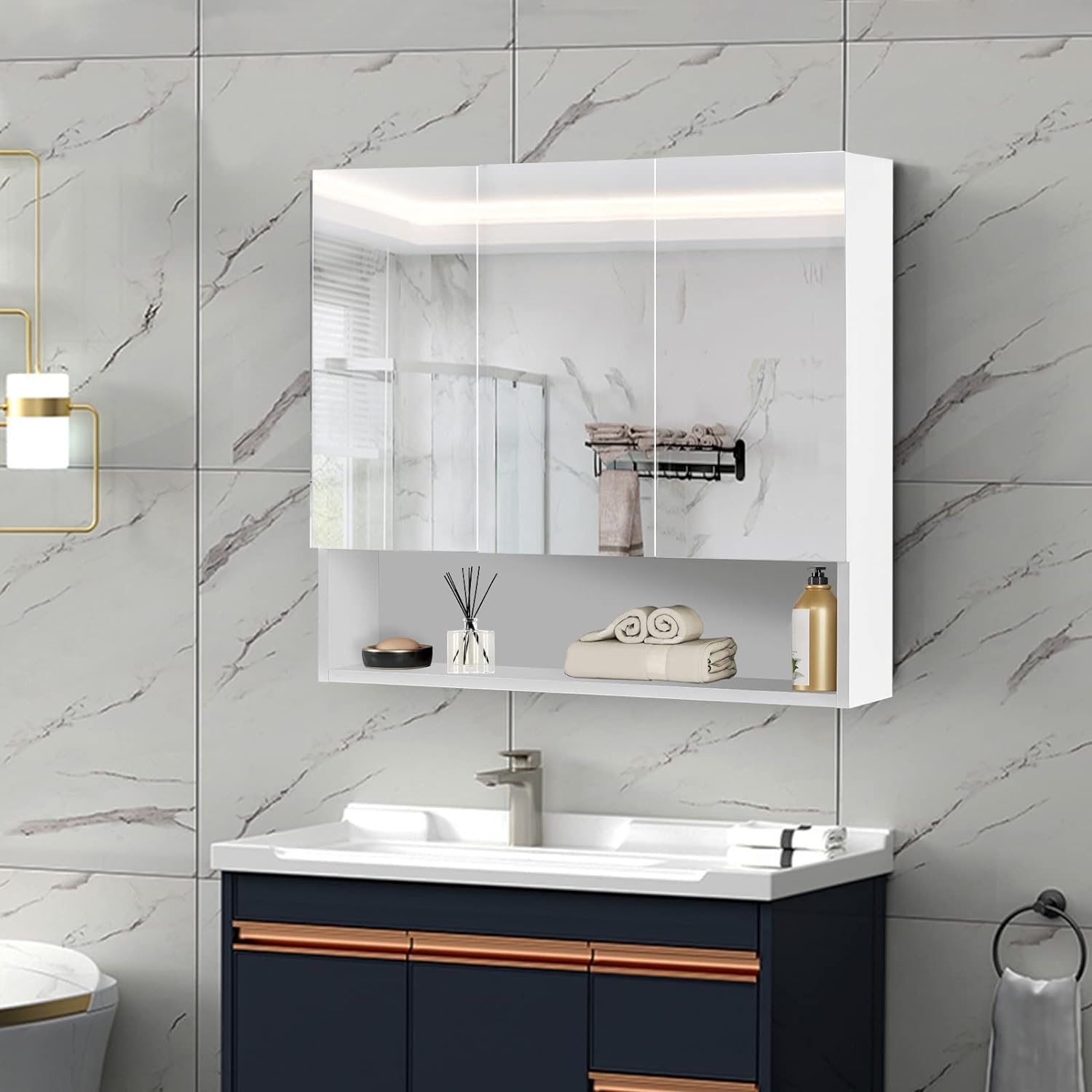 CLIPOP Armarios con Espejo para Baño, Montado en la Pared, 3 Puertas Armario de Baño con Estante Abierto y Estantes Ajustables, Armarios con Espejo for Dormitorio, Sala de Estar