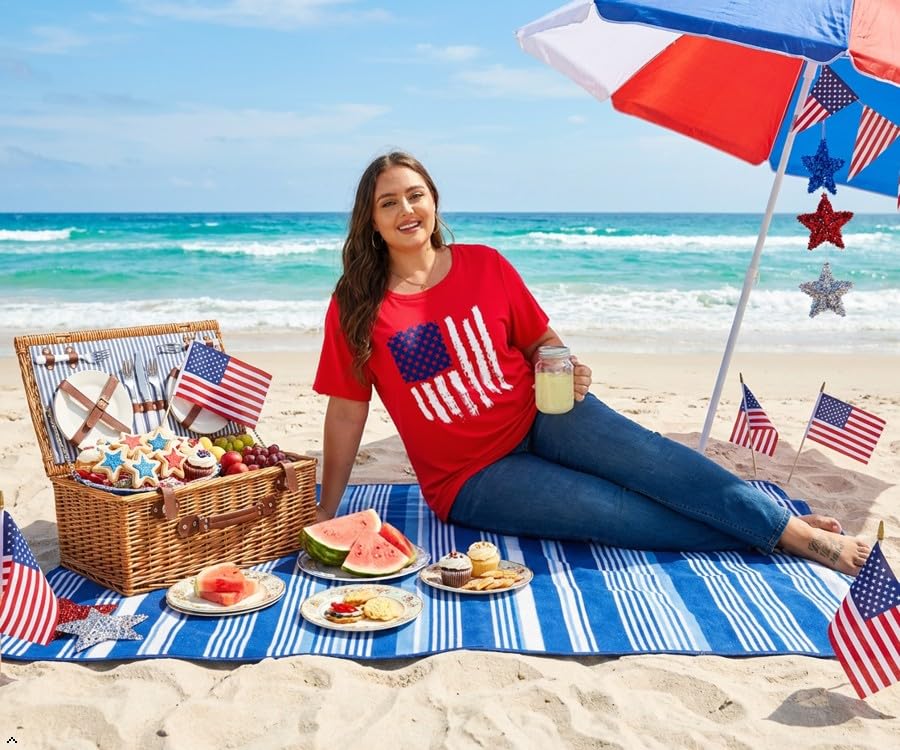 Image of ForHailey Women's 4th of July Patriotic Shirts Graphic Tees USA Shirt American Flag Short Sleeve Tunic Tops