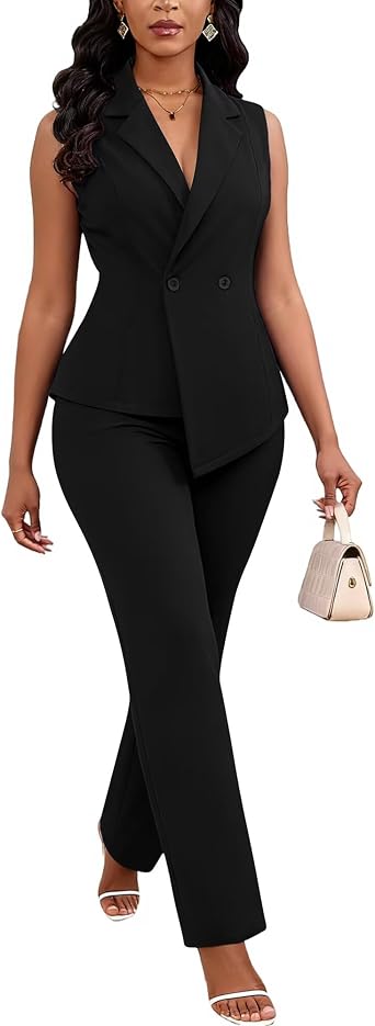 Kafiloe Pant Suits for Women Dressy 2 Piece Business Casual Outfits Sleeveless Blazer Vest Straight Pants Set