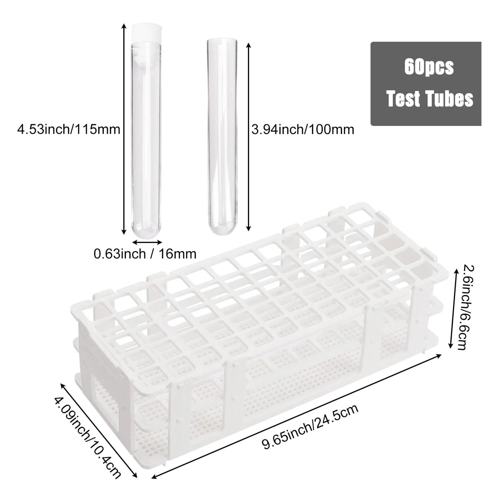 yingyingjia 60 Stück 16 x 100 mm Reagenzgläser aus Kunststoff mit Kappen und 1 Gestell, 13 ml klare Reagenzgläser mit Halter for wissenschaftliche Laborexperimente, 1 Set