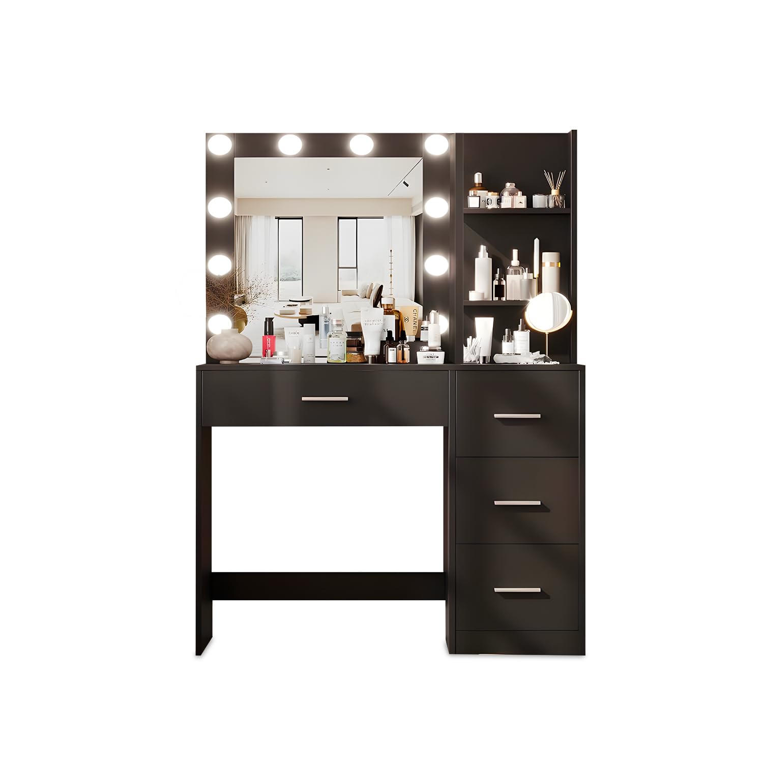 Avilia - Postazione Trucco con Specchio Trucco con Luci LED – 12 Lampadine, 3 Tonalità, 4 Cassetti, 3 Ripiani | Scrivania Trucco con Specchio, MDF, H140×L94×P40 cm, Multiuso Studio e Make-Up