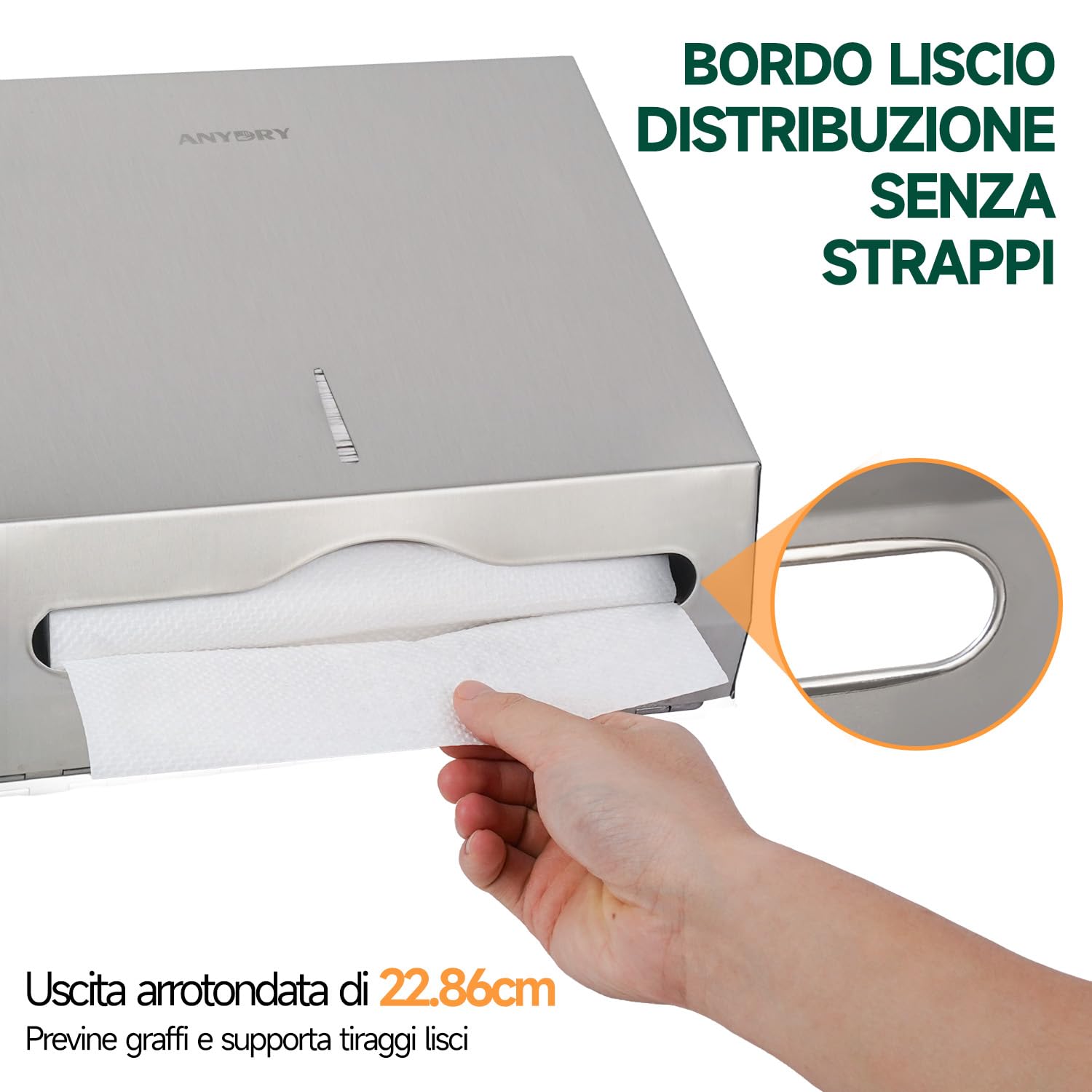 anydry Dispensatore di salviette di carta a montaggio murario – Capacità 250 fogli, acciaio inox satinato, bloccabile, multifold/Z-fold (dimensione piegata ≤ 27 cm x 10 cm)（Geschliffen）