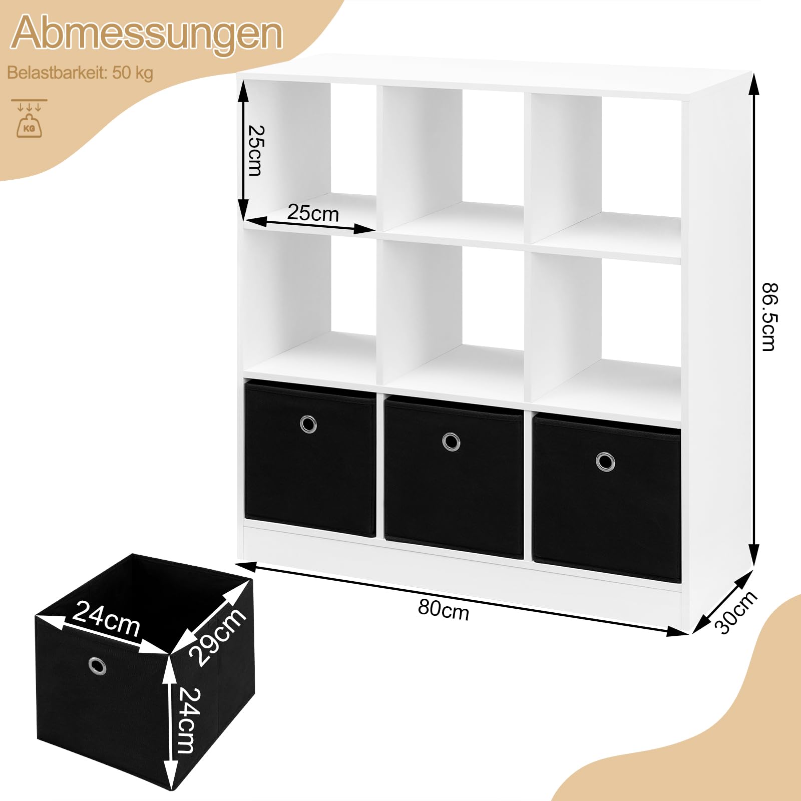 WOLTU Bücherregal Bücherschrank Standregal Würfelregal Aufbewahrungregal Raumteiler Büroregal, mit 9 Fächern 3 Schubladen aus Vliesstoff, für Wohnzimmer Schlafzimmer Büro, Weiß, SK041ws