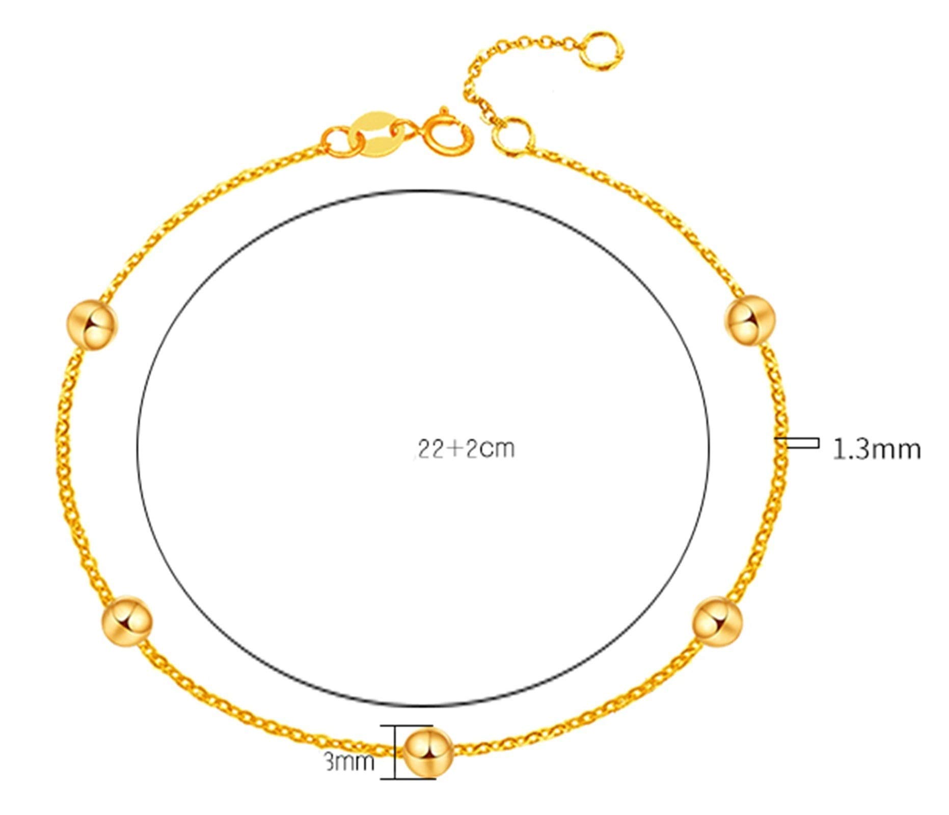 Tobillera de oro amarillo de 18 quilates para mujer, tobilleras con cinco cuentas ajustables de 9,5 pulgadas