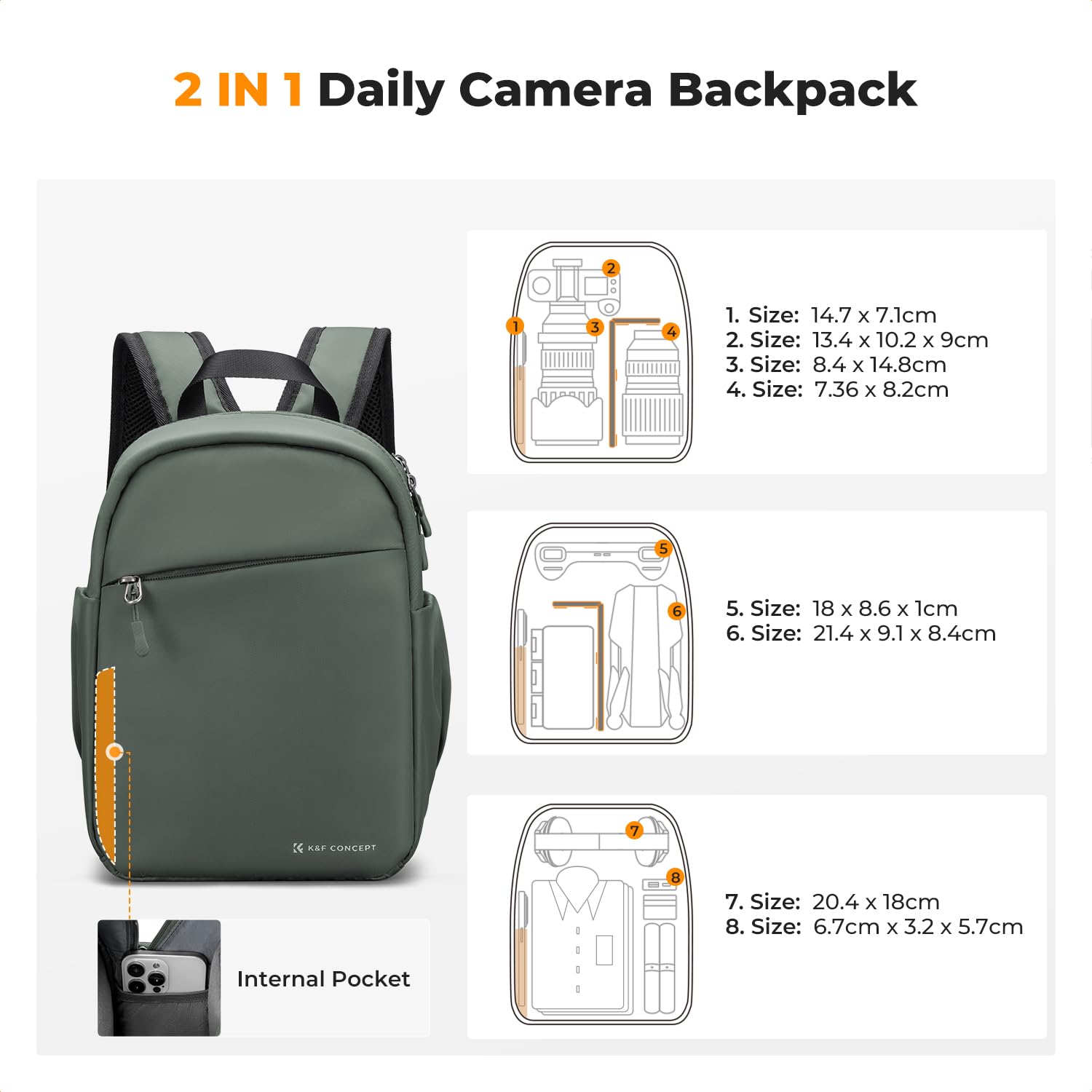K&F CONCEPT Täglicher Kamerarucksack, Fotorucksack Klein Tragbar mit Verstellbarem Schultergurt für DSLR Kamera & Objektiv, Ideal für Alltag, Arbeit und Reisen (Dunkelgrün)