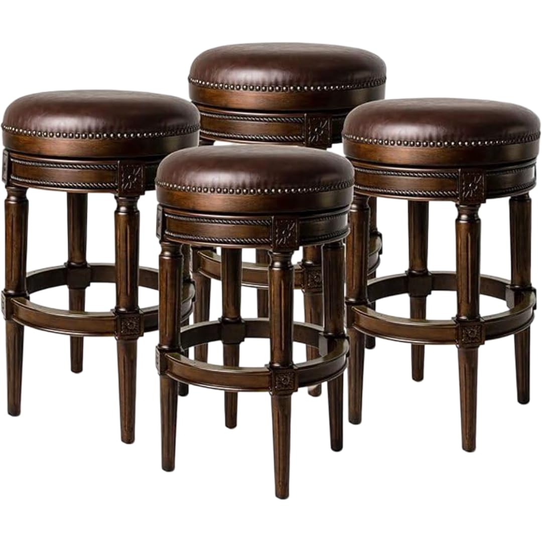 Maven Lane Pullman Backless Bar Stool 31 Inches – Set of 4 – Swivel Stools with Footrest – Dark Brown Solid Wood Frame & Brown Faux Leather Upholstery