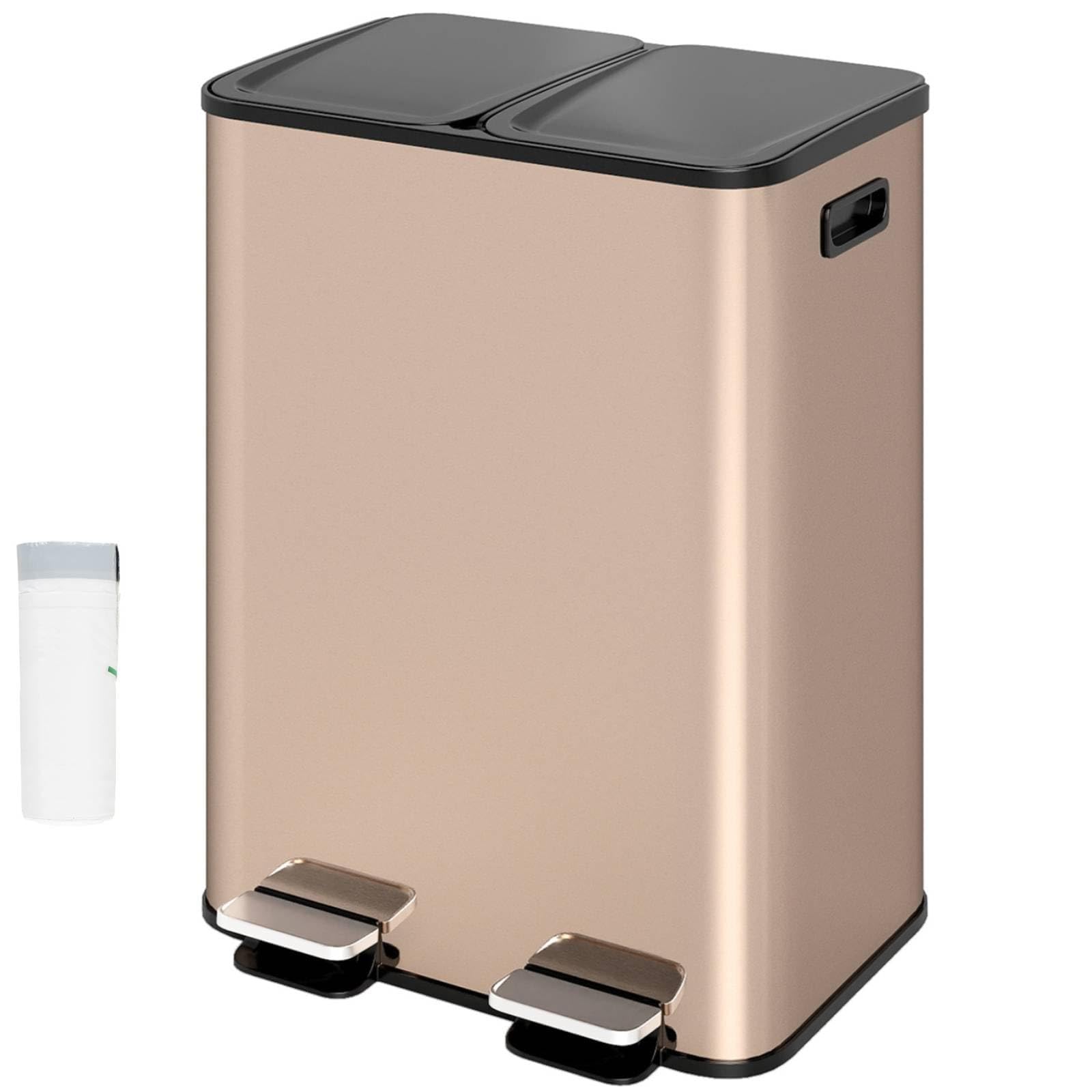 TANGZON 2x30L Recycling Pedal Bin, Double Kitchen Waste Bin with Plastic Inner Bucket, Soft Closure & Deodorant Boxes, Fingerprint Proof Airtight Stainless Steel Trash Can (Rose Gold with Trash Bags)