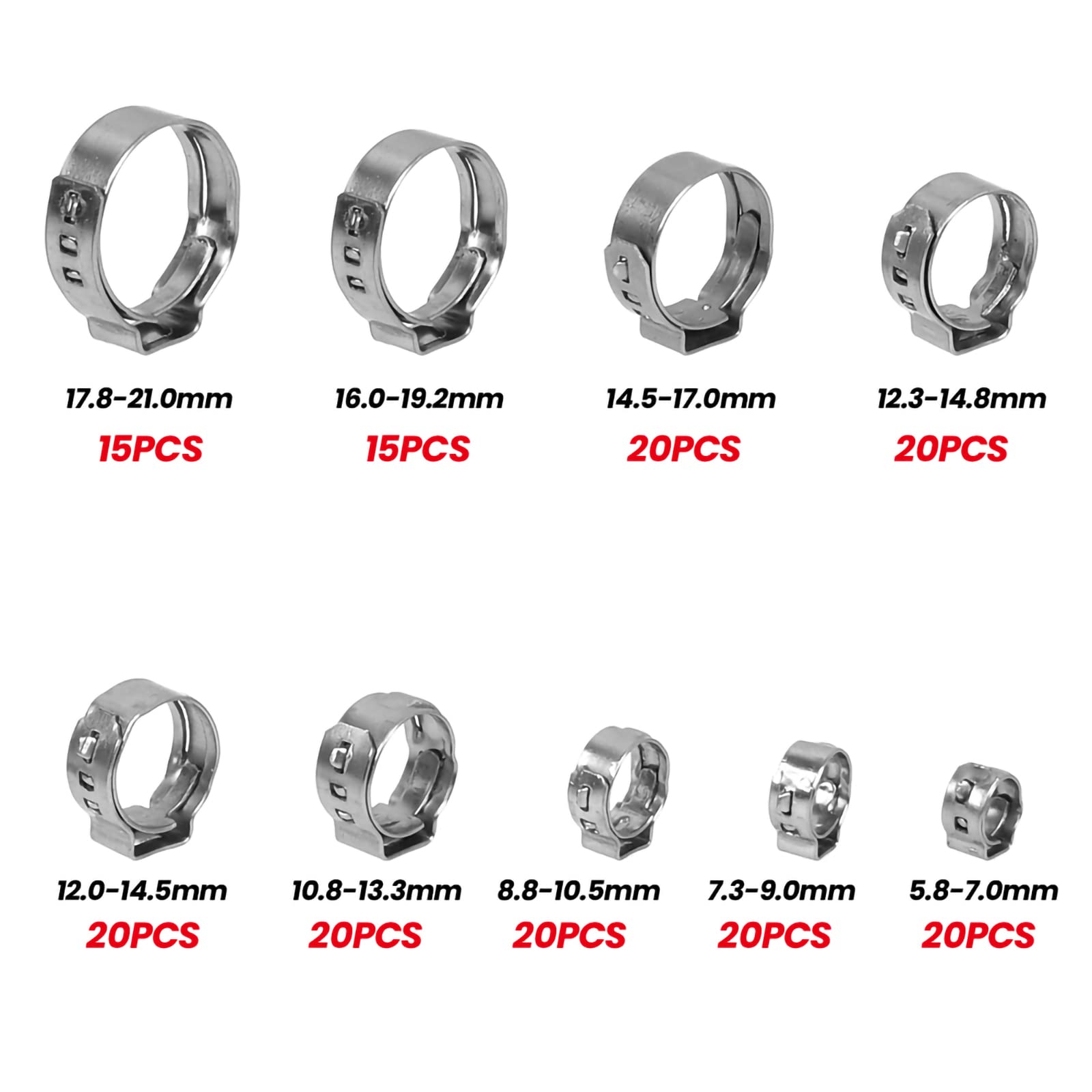 Schlauchschellenzange, Einohrschellen Klemmschellen, 170 Stück Einohr-Schlauchschellen aus 304 Edelstahl mit Schlauchklemmzange – 9 Größen (5.8-21mm) | Robuste Klemmschellen für Schläuche
