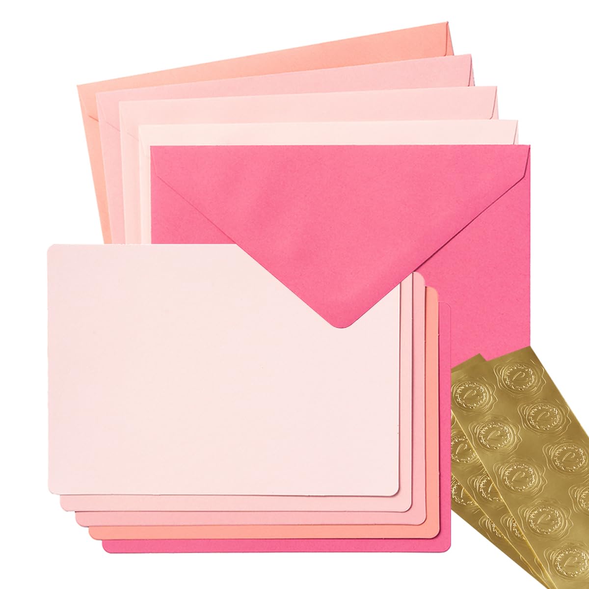 Wishop 25 Pieces A7 Colored Envelopes with Cards and Stickers Set 5 Colors for Weddings, Invitations, Birthday, Baby Shower, 5x7 inches (Pink 5Colors)