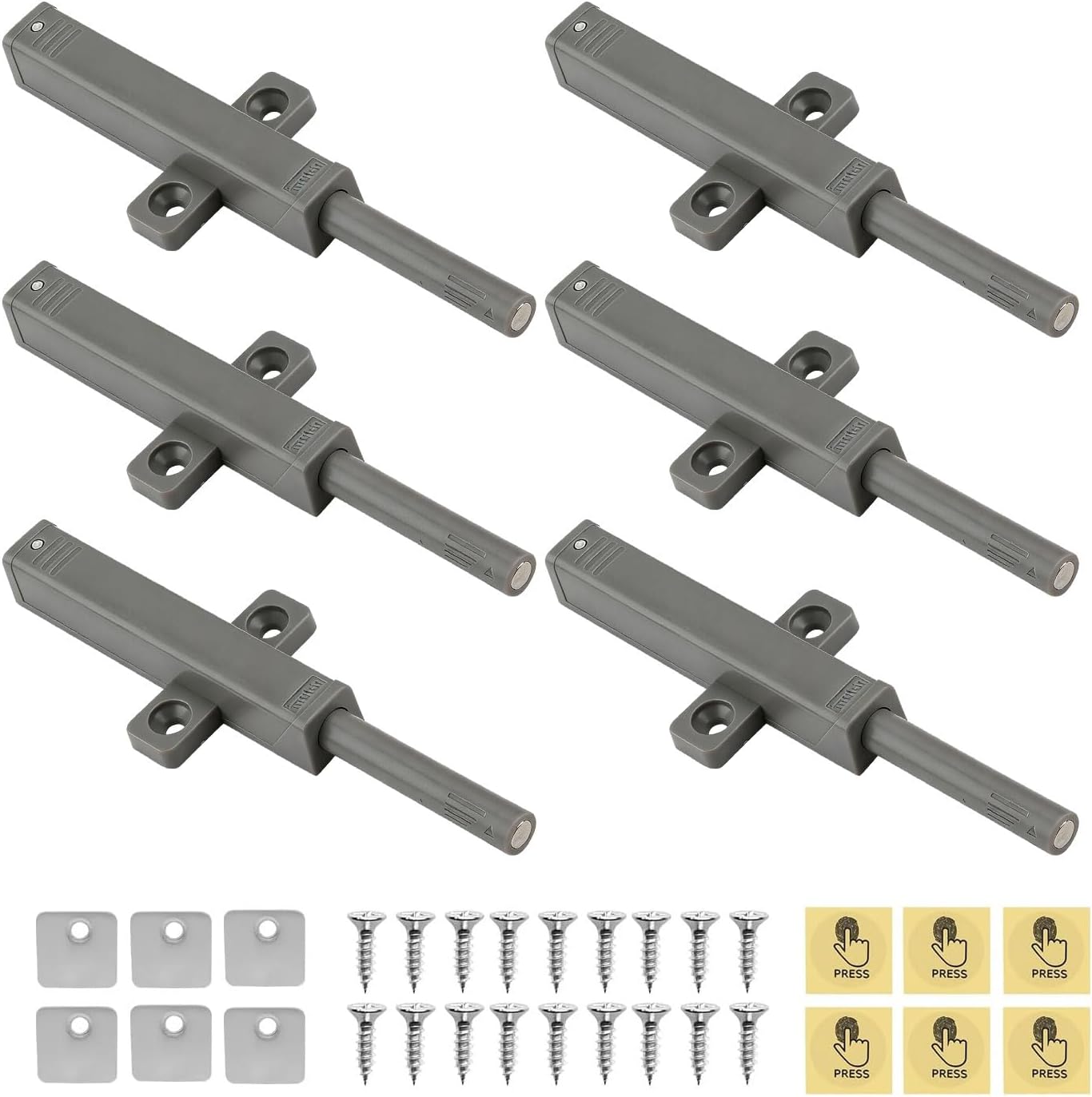 6 Pcs Push to Open Door Latches, Strong Magnetic Cabinet Latches - Adhesive Press Lock for Wardrobe and Drawer (Grey)