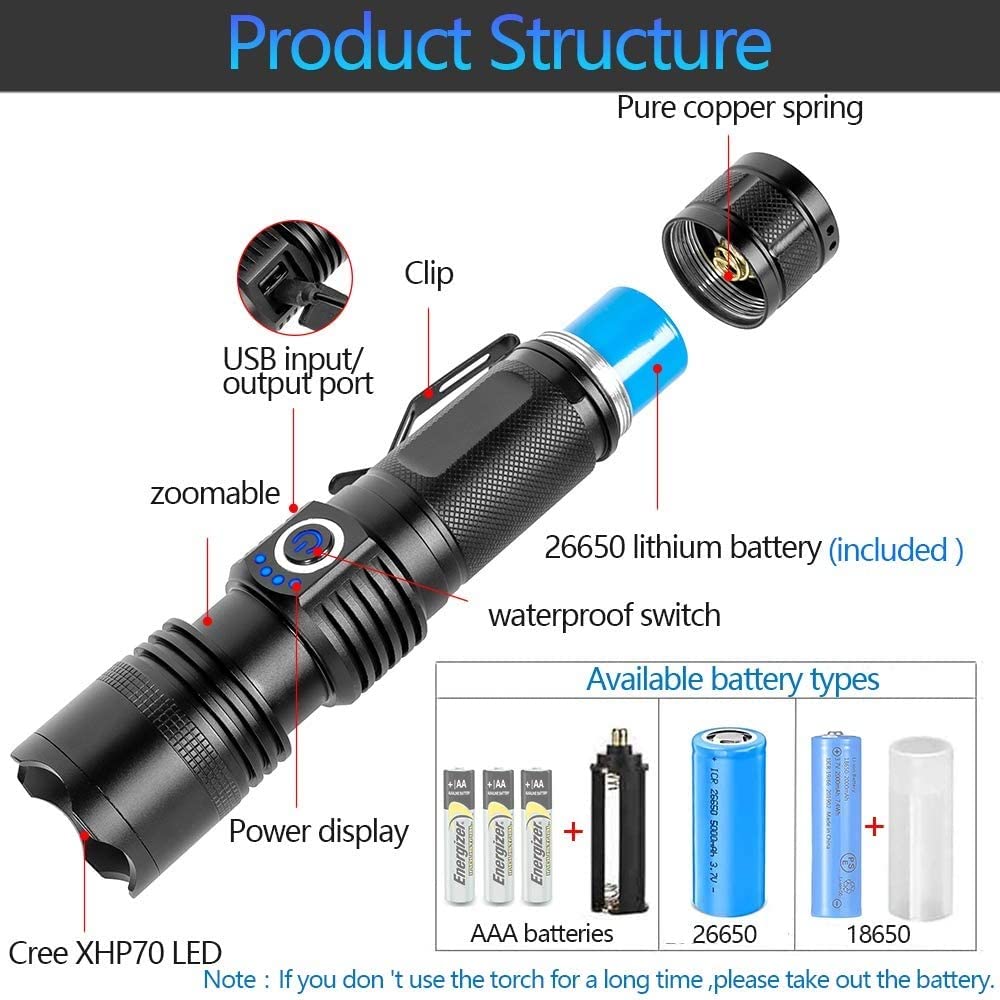 Akumulatorowa latarka, XHP P70 Super Bright High Lumens, 6 trybów, wyświetlacz mocy, wodoodporne, ręczne latarki z regulacją ostrości