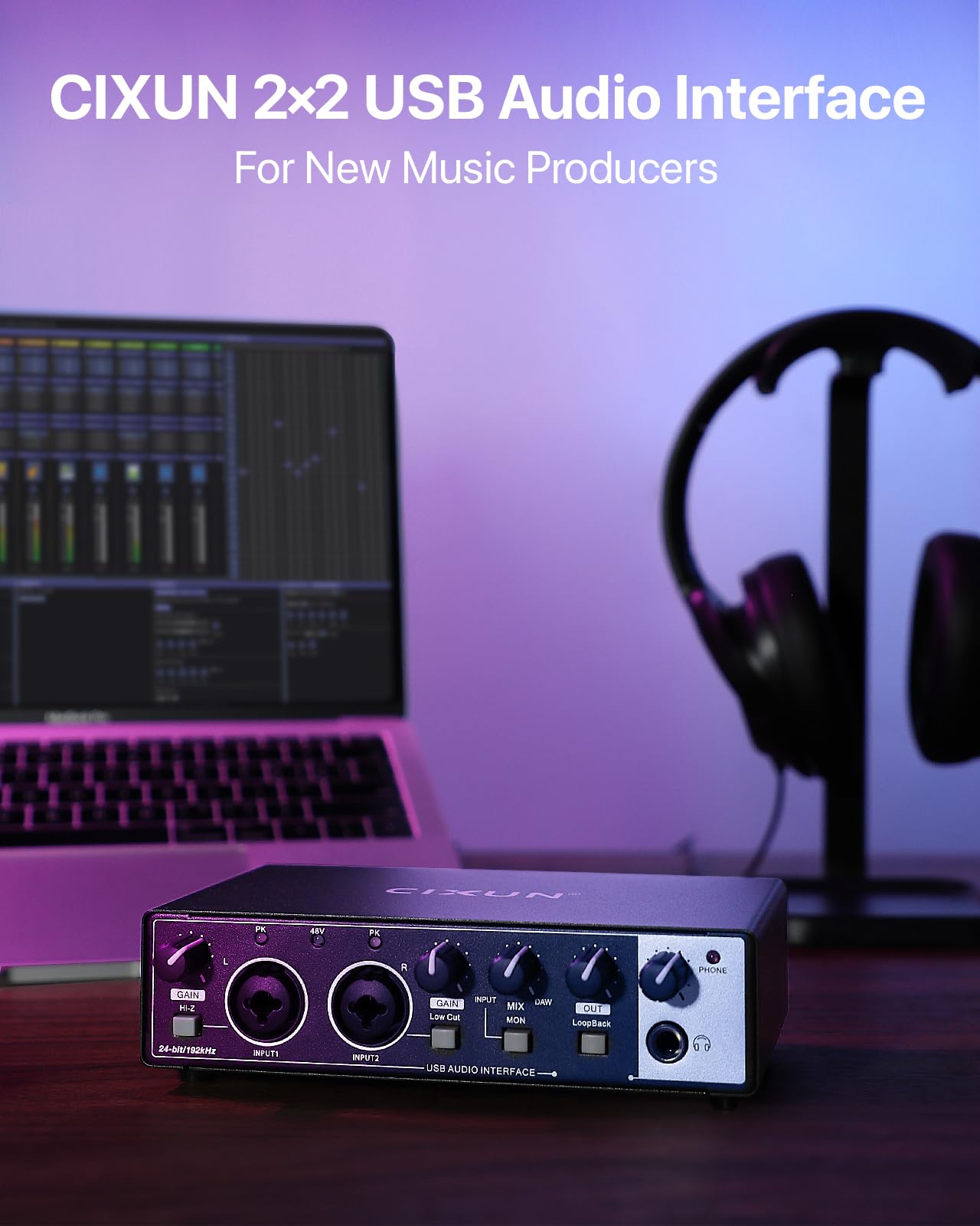 Scheda audio esterna,2×2 Interfaccia audio USB-C per PC,24 bit/192 kHz, Doppi ingressi TS/XLR,Alimentazione fantasma +48 V,per Studio/Podcast/Live Streaming (Nero))